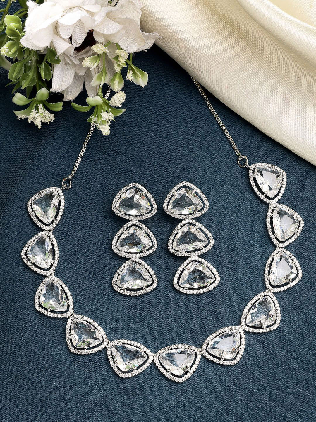 ZENEME Rhodium Plated American Diamond Studded Triangular Shaped Necklace and Earrings