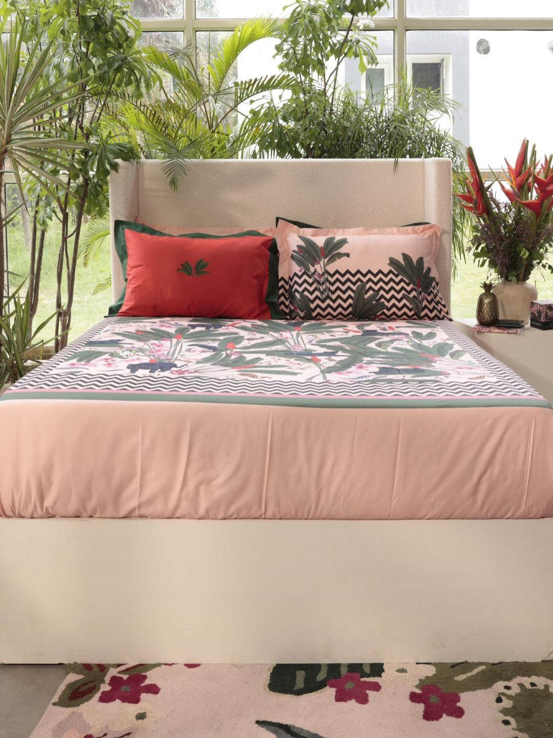 MYTRIDENT Shivan And Narresh Collection Pink Leaf Cotton 400 TC King Superfine Bedsheet with 4 Pillow Covers-108 x 108 inches