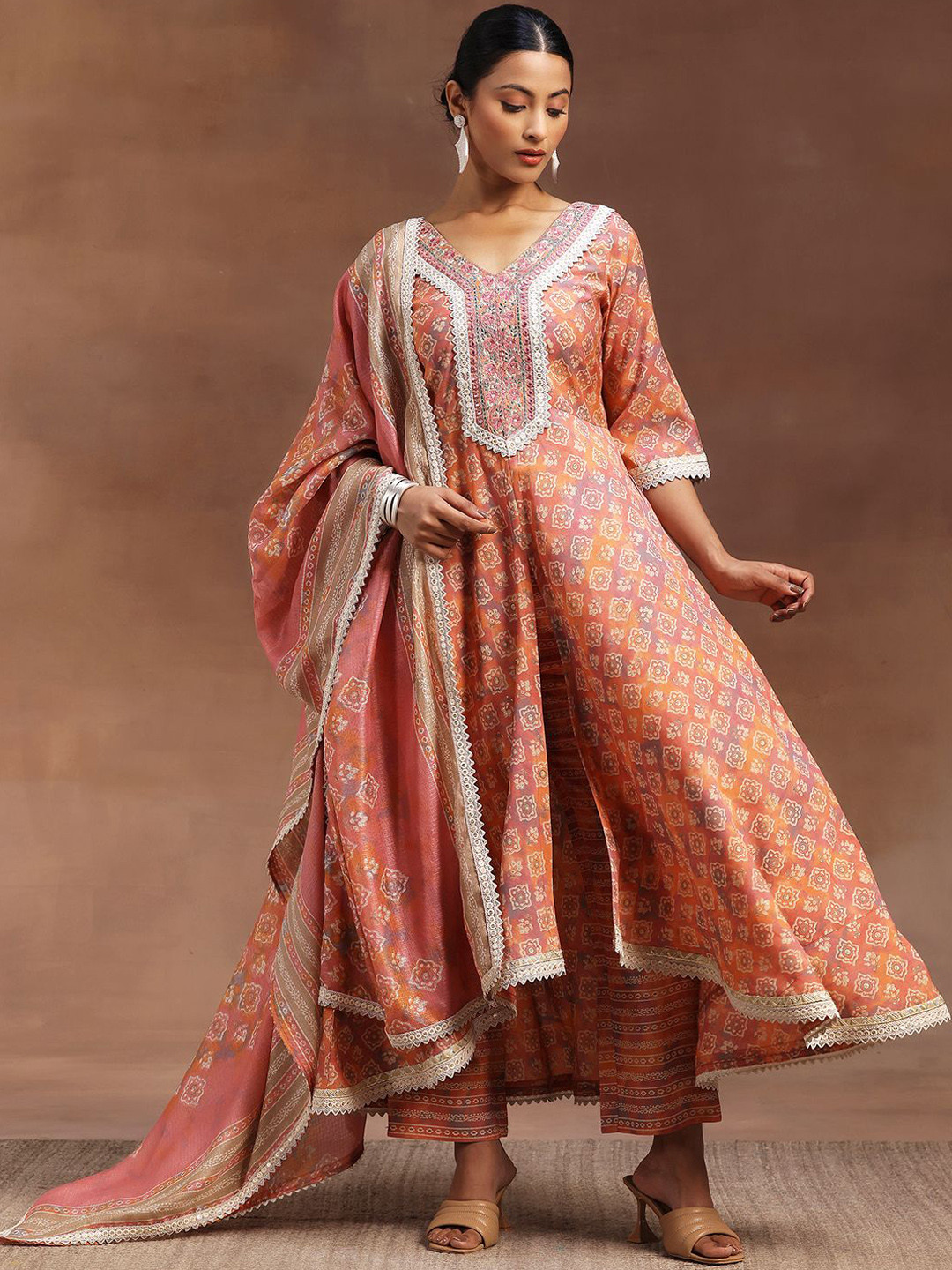 Gerua By Libas Ethnic Motifs Printed Zari Panelled A-Line Kurta With Trouser & Dupatta