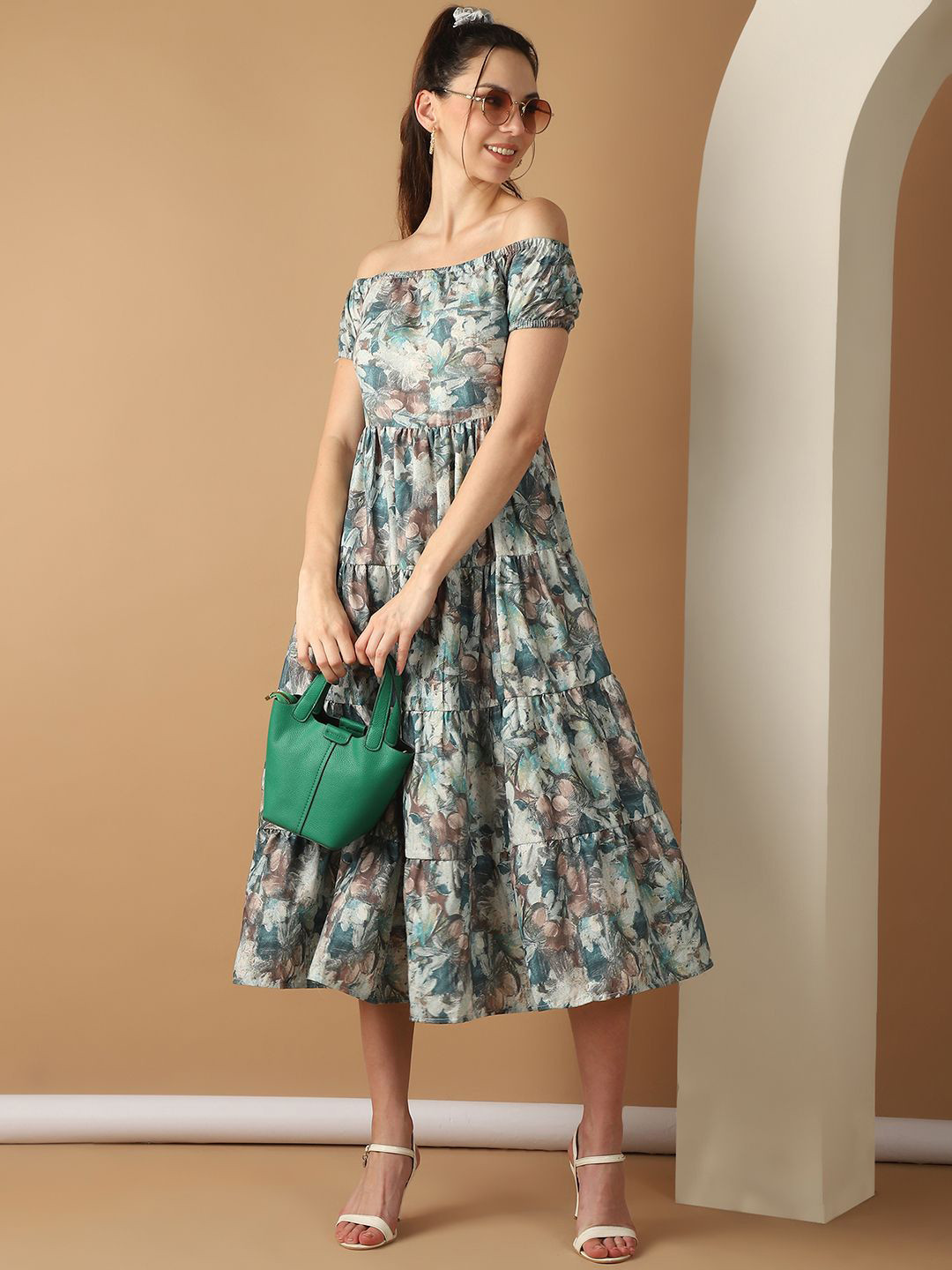 Indian Needle Floral Printed Off-Shoulder Satin Fit and Flare Dress