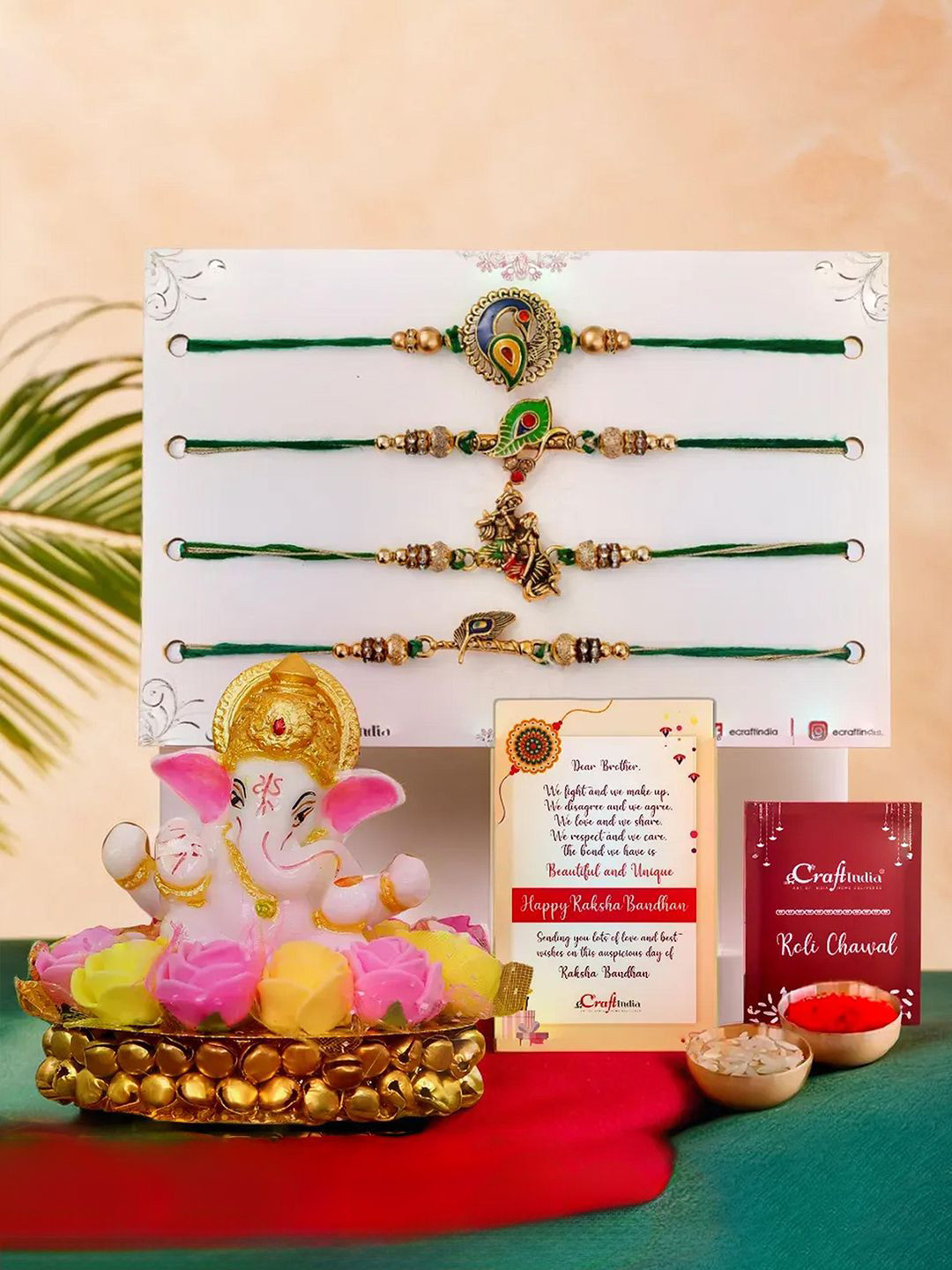 eCraftIndia Set of 4 Designer Rakhis With Ganesha Idol on Decorative Plate