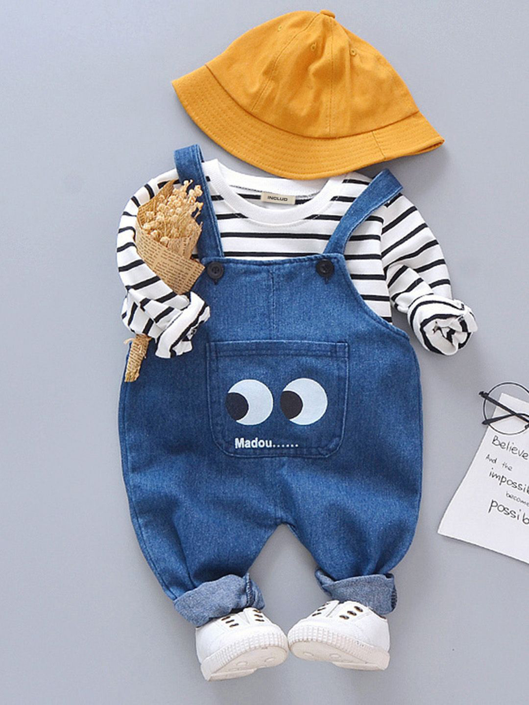 INCLUD Girls Striped Long Sleeves Cotton T-Shirt With Dungaree Set