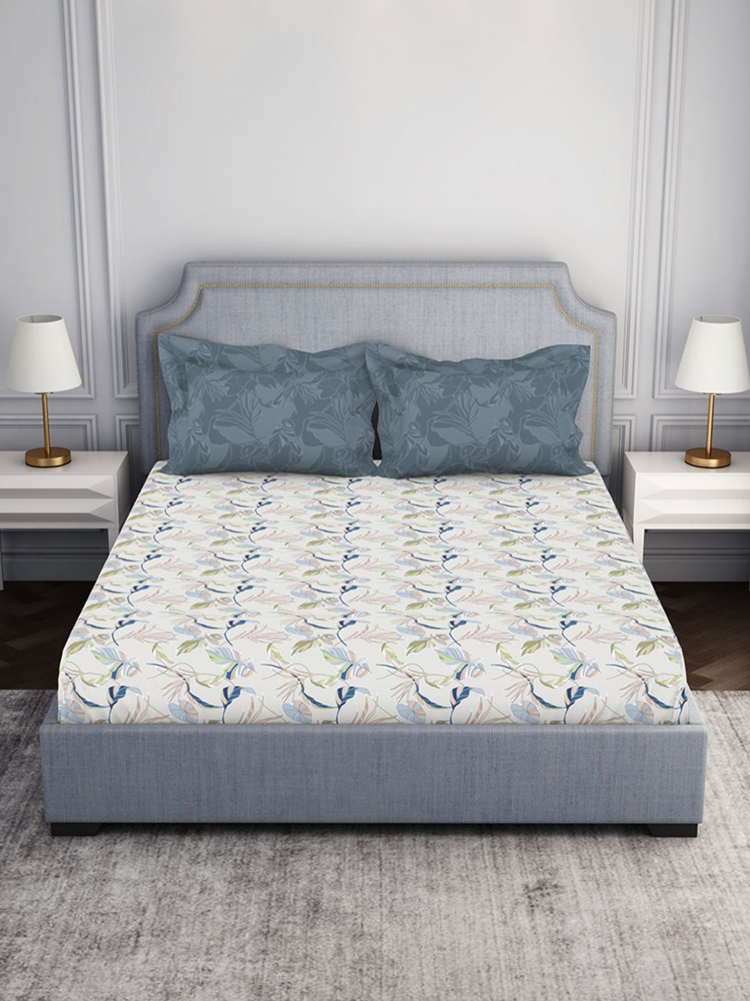 SPACES Atrium2024 Blue Floral Cotton 144 TC Fitted Queen Bedsheet with 2 Pillow Covers-72 x 78 inches