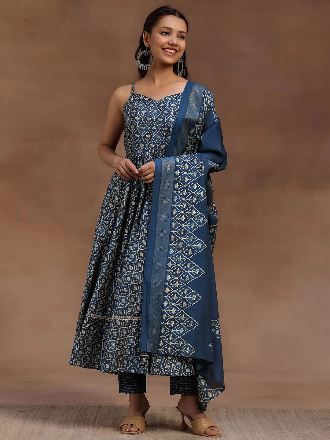 Libas Womens Blue Printed Anarkali Kurta With Trousers & Dupatta
