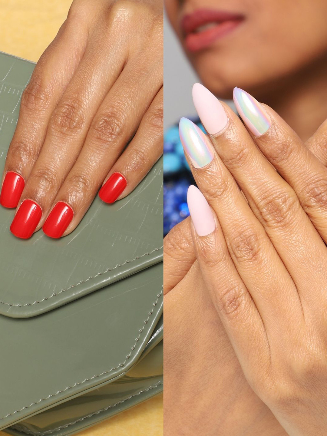 LICK Pack Of 2 Acrylic Press on Nails With Quick Dry Nail Glue - Blush Pink & True Red