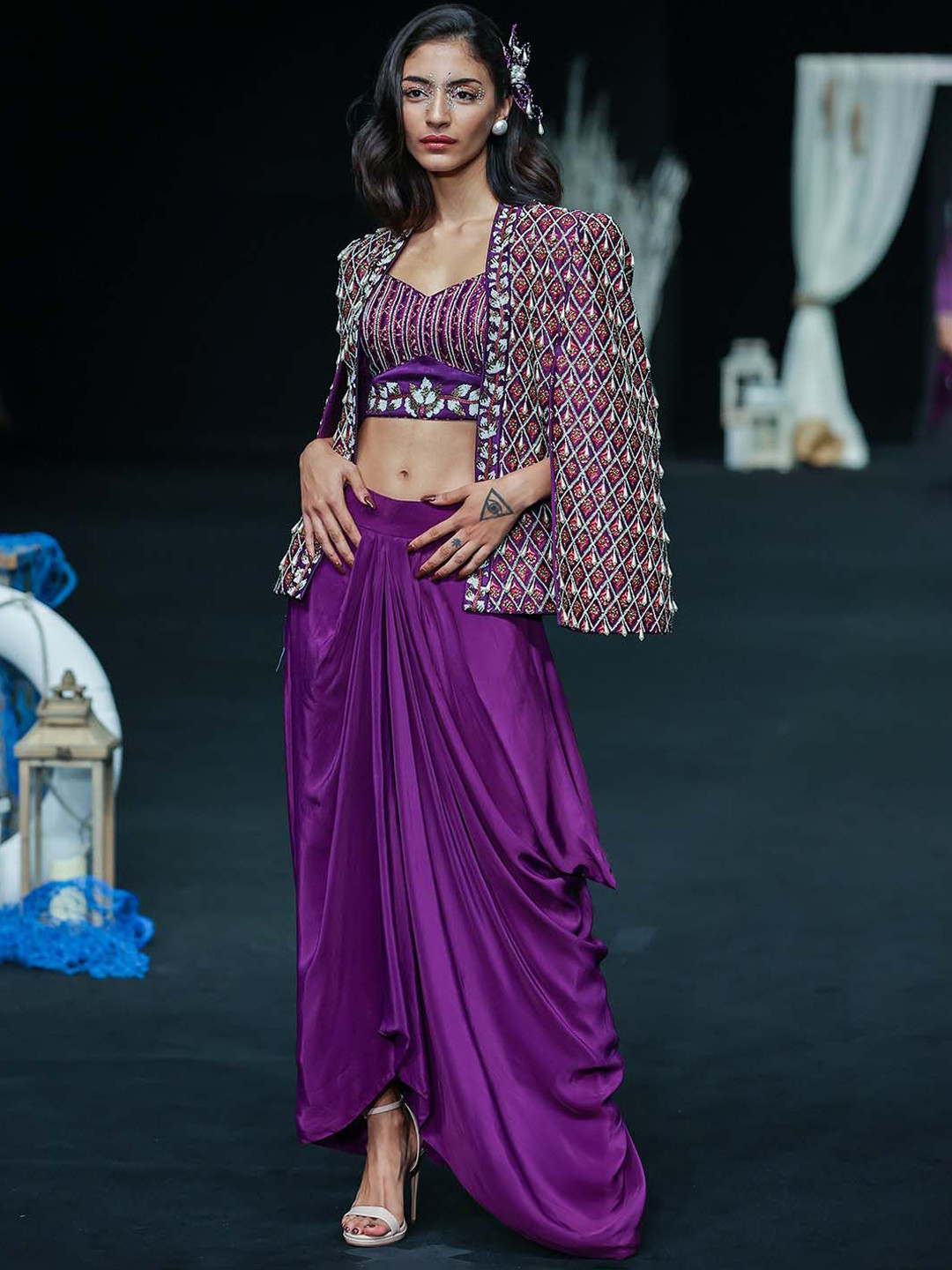 Sejal Kamdar Embroidered Blouse With Drape Skirt & Cape Jacket