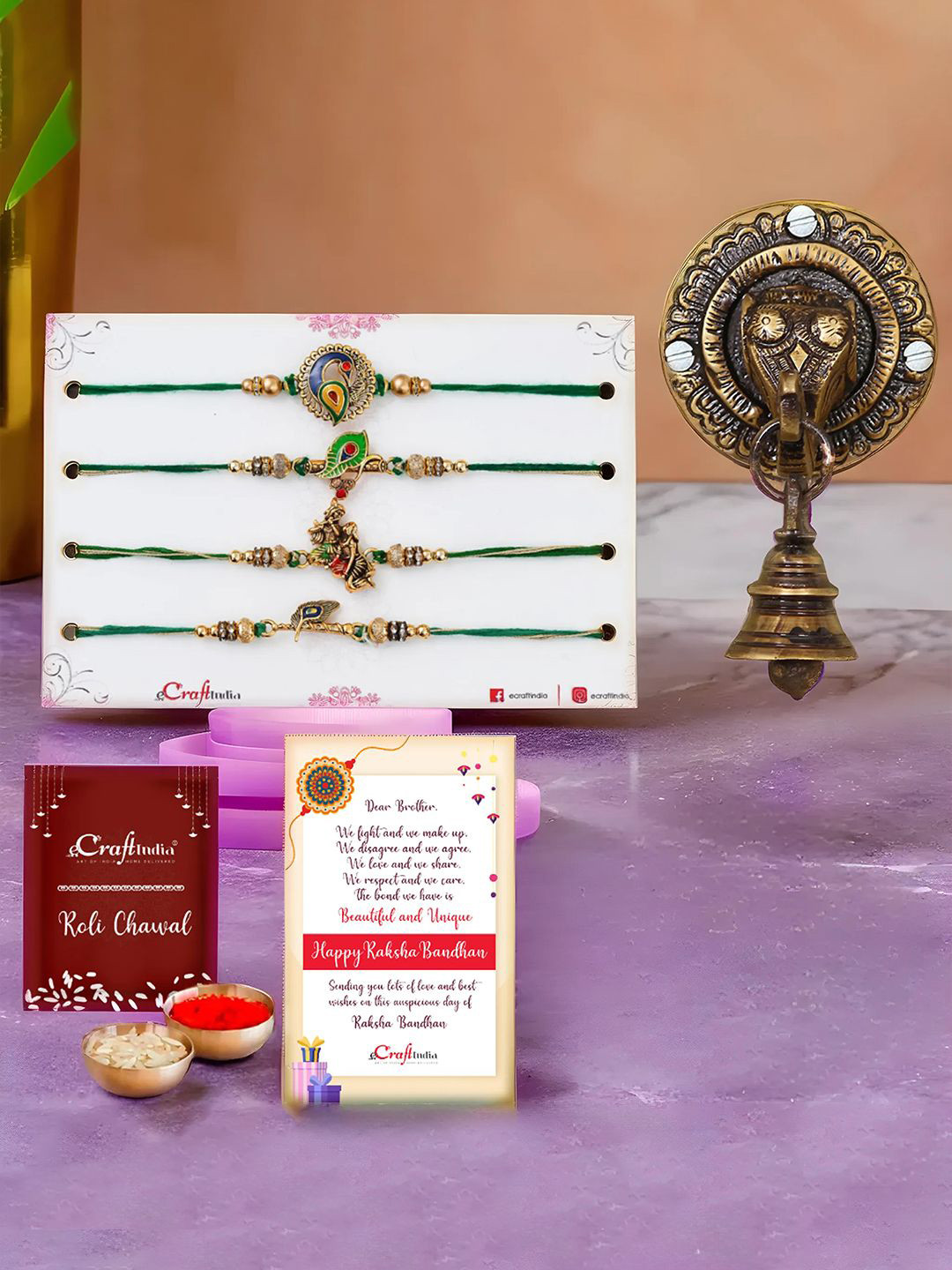 eCraftIndia Set of 5 Designer Rakhis With Wall Hanging Gift Set
