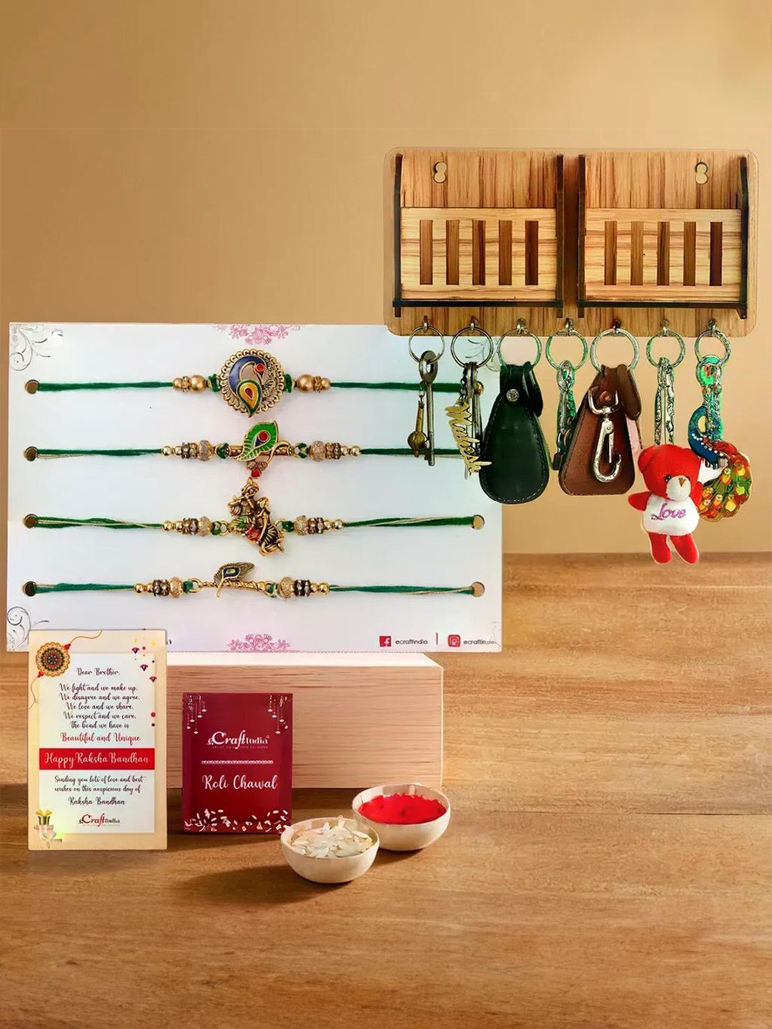 eCraftIndia Set of 5 Thread Rakhi & Wooden Key Mobile Holder With Roli Chawal