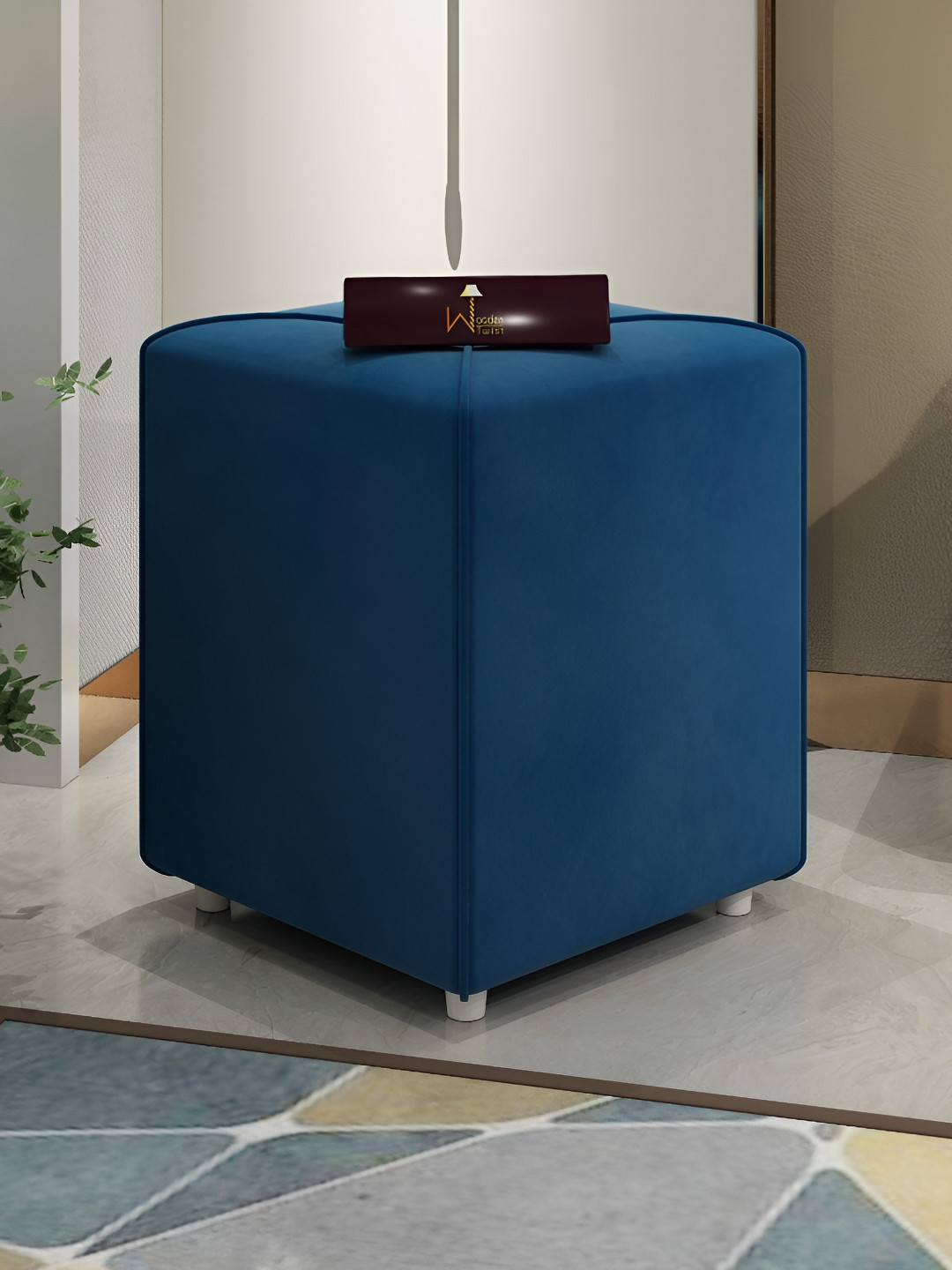 Wooden Twist Navy Blue Comfortable Cushion Ottoman Stool