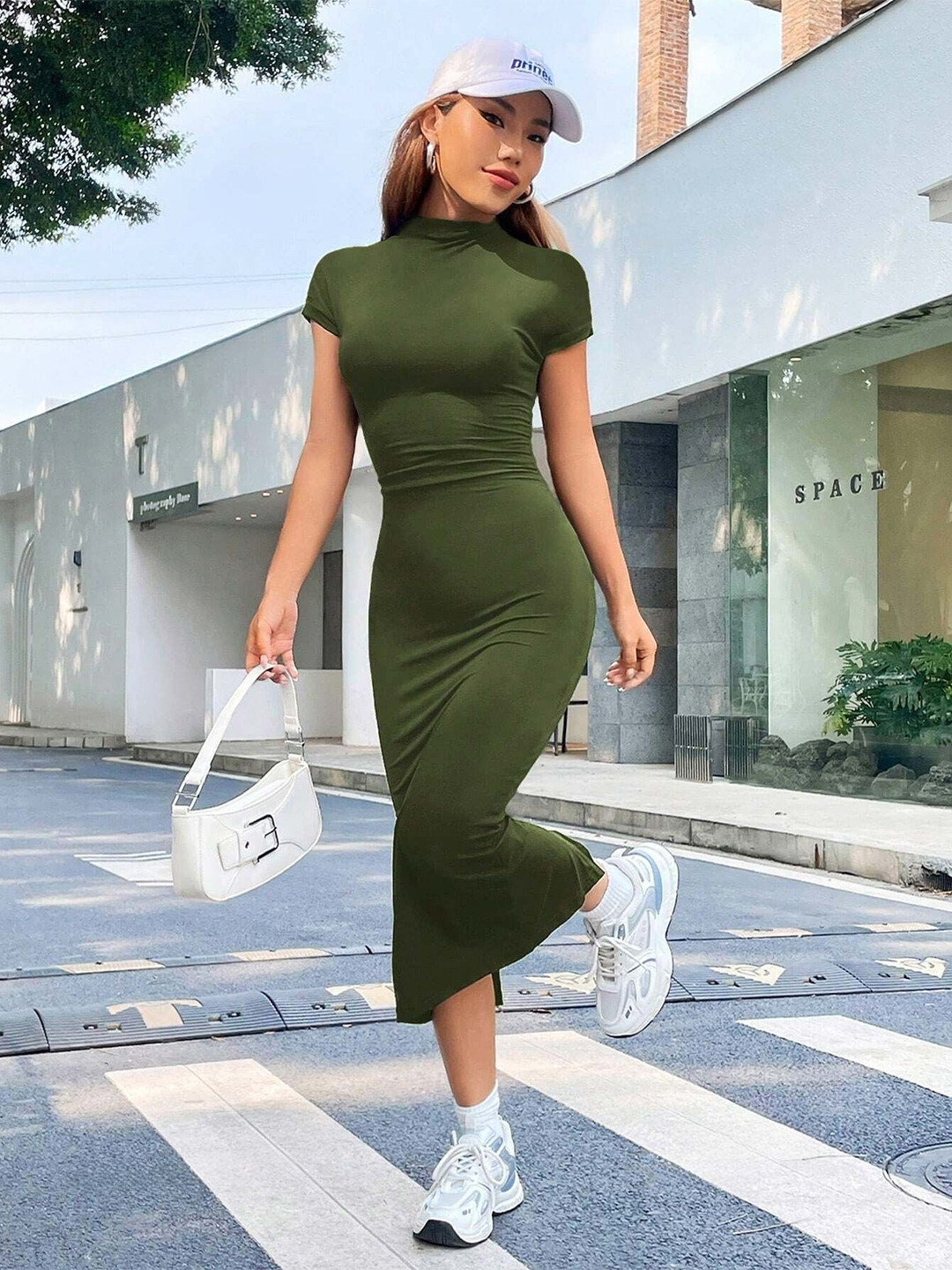 Stylecast X Slyck Women Olive Bodycon Midi Dress