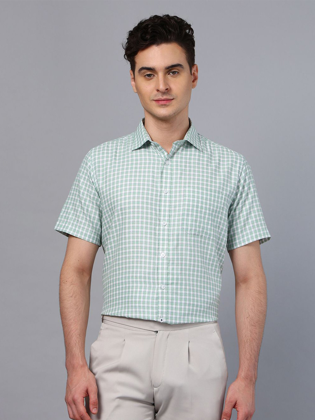 DON VINO Men Spread Collar Gingham Checked Cotton Linen Slim Fit Semiformal Shirt