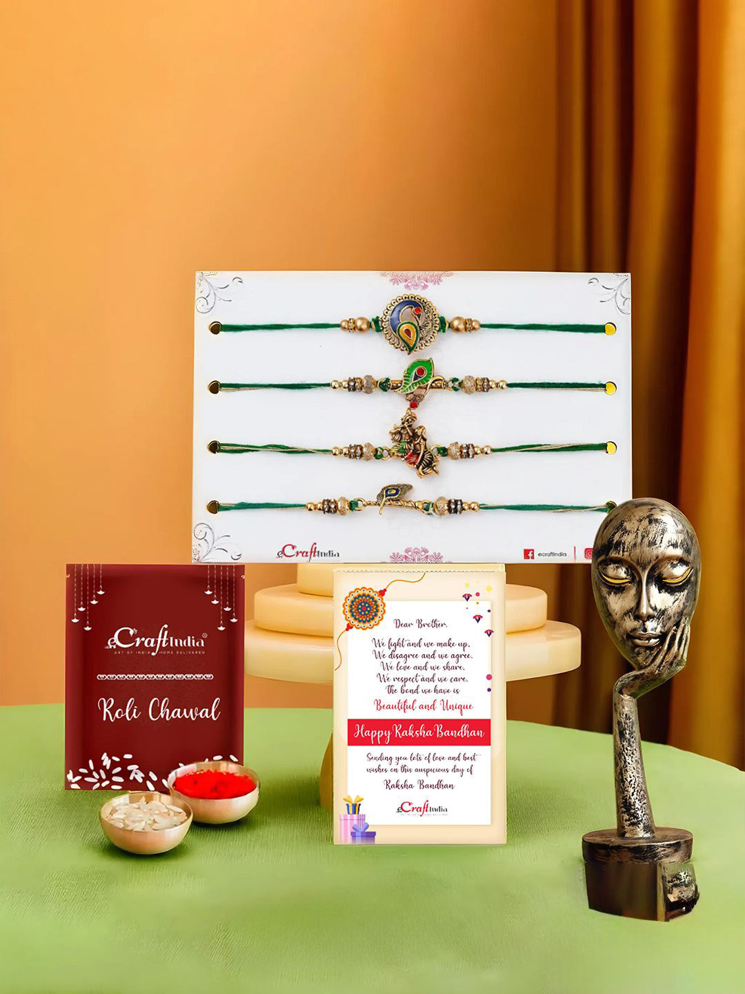 eCraftIndia Set of 5 Thread Rakhi & Thinking Lady Face With Roli Chawal