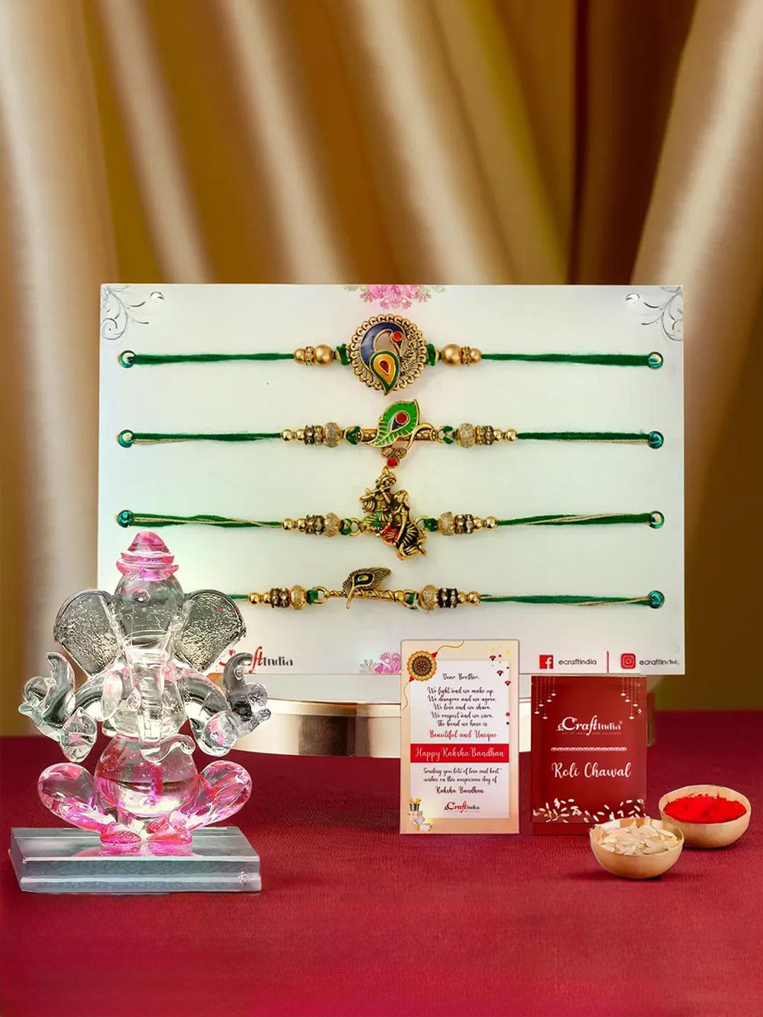 eCraftIndia Set Of 4 Radha Krishna & Peacock Rakhi With Crystal Lord Ganesha Idol