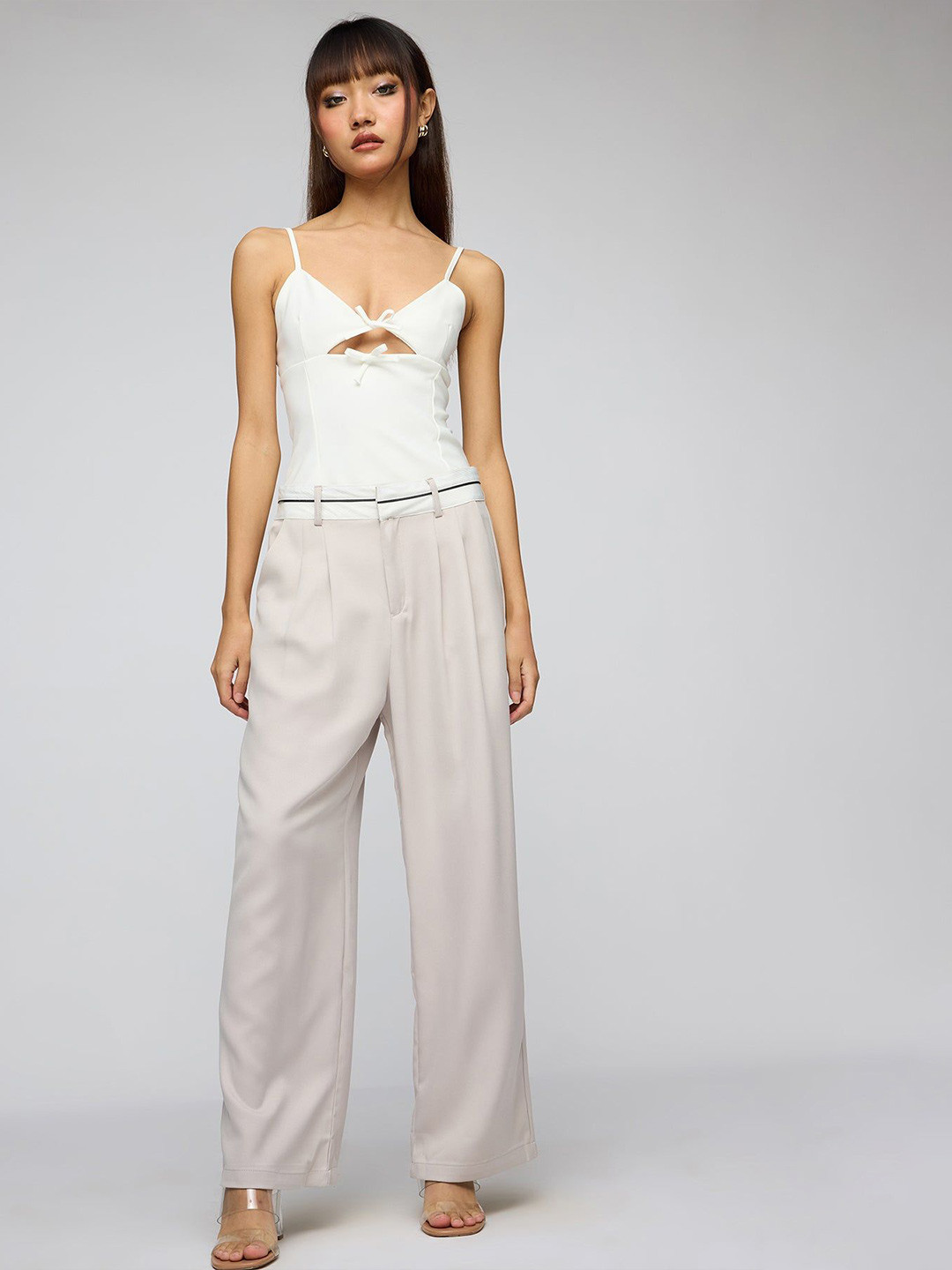 FREAKINS Silver Grey Contrast Waist Korean Pants