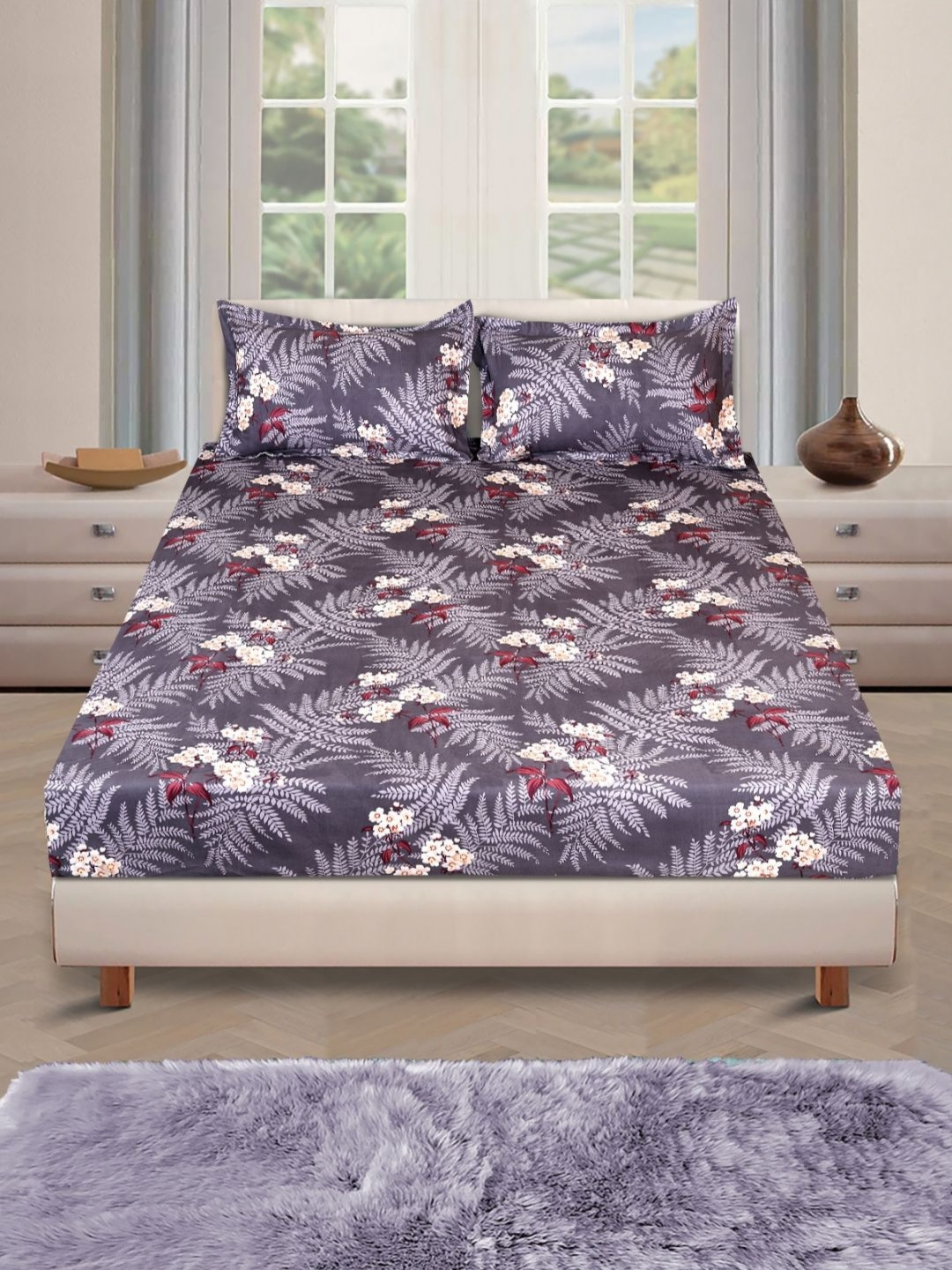 Myntra Elegant Homes Velar Fur Sib Grey Floral Polycotton 210 TC King Fine Bedsheet with 2 Pillow Covers-106 x 106 inches