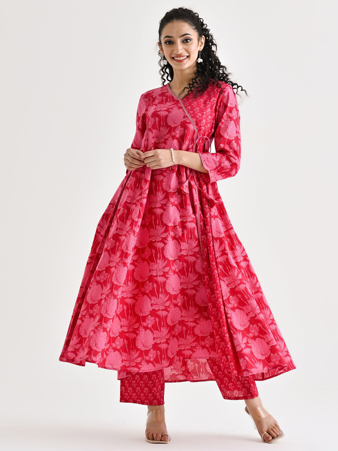 Rustorange Women Floral Printed Mirror Work Kurta