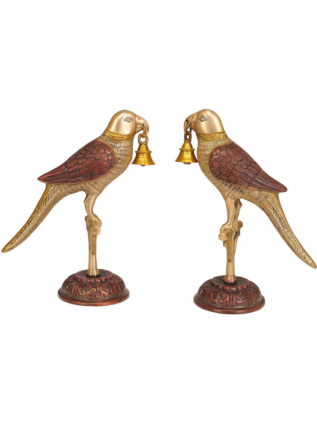 Exotic India Pair of Parrots with Bell Yellow Brass Metallic Living Room Hand Made Set of 2 Medium Showpieces - 9.5 Inches