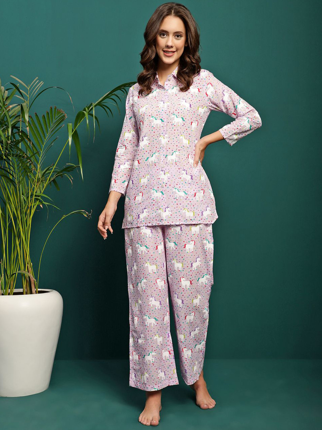 BANDIA Conversational Printed Lapel Collar Pure Cotton Shirt With Pyjamas