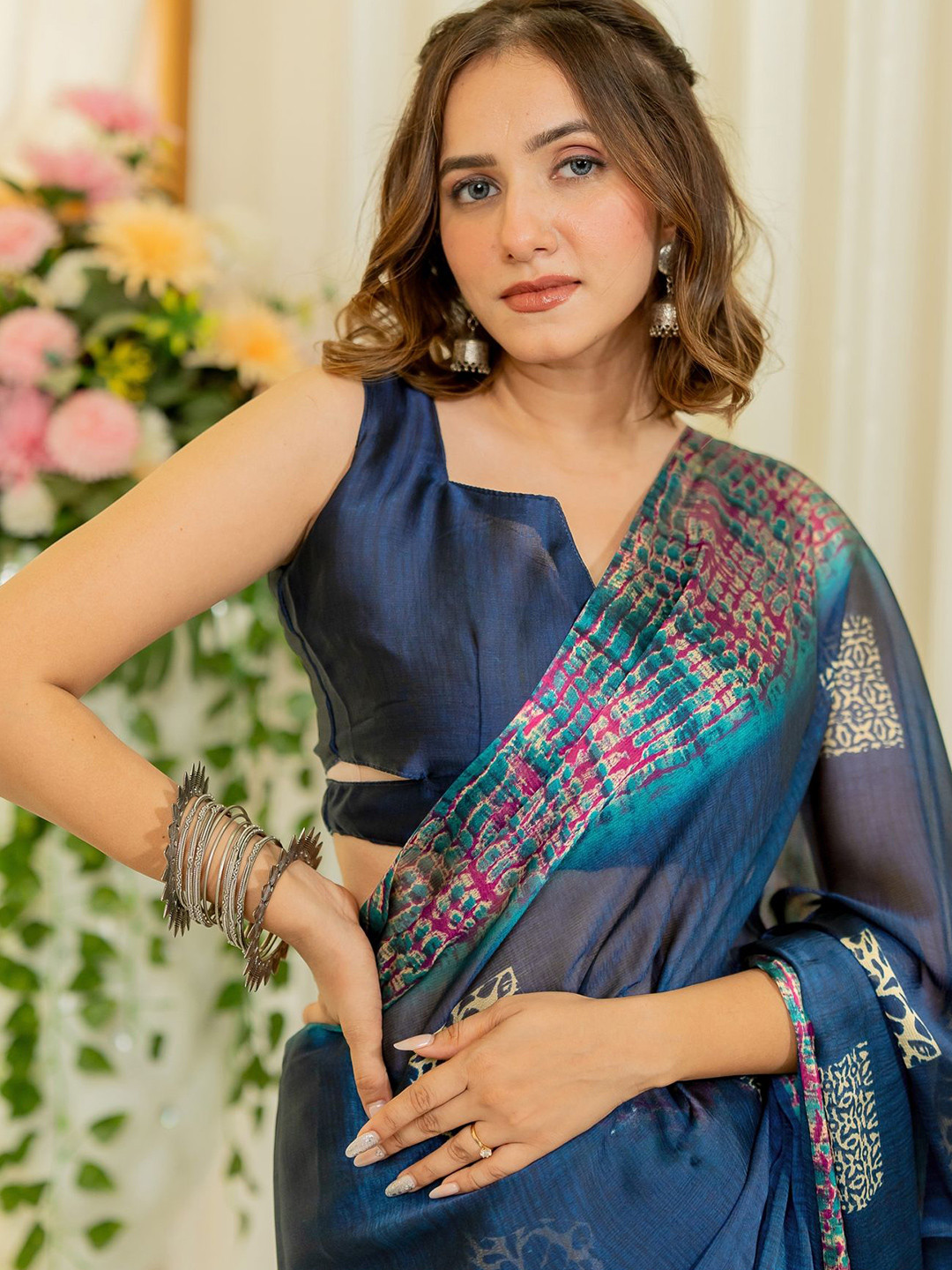KALINI Tie and Dye Poly Chiffon Block Print Saree