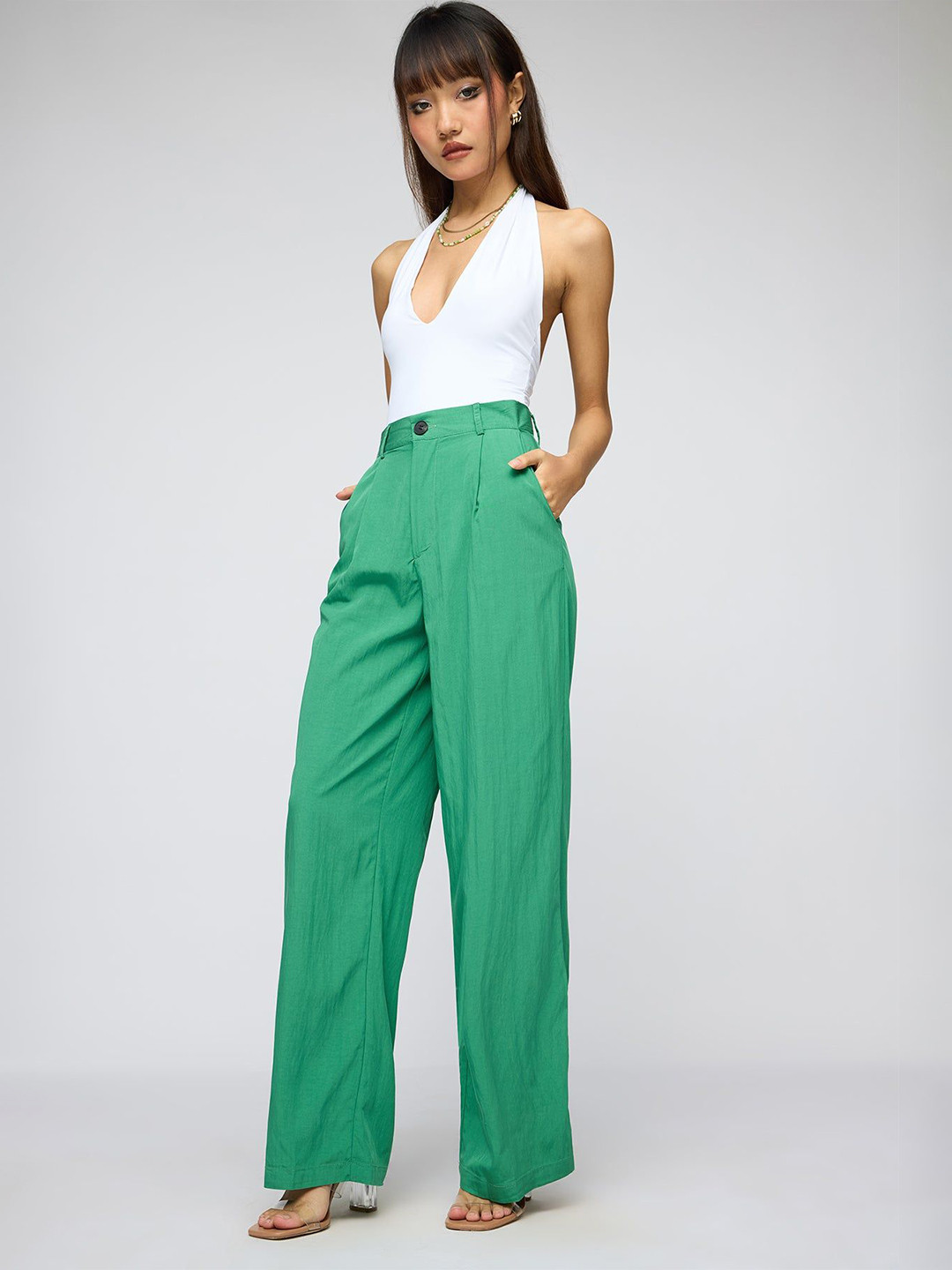 FREAKINS Lush Green Pleated Straight Fit Korean Pants
