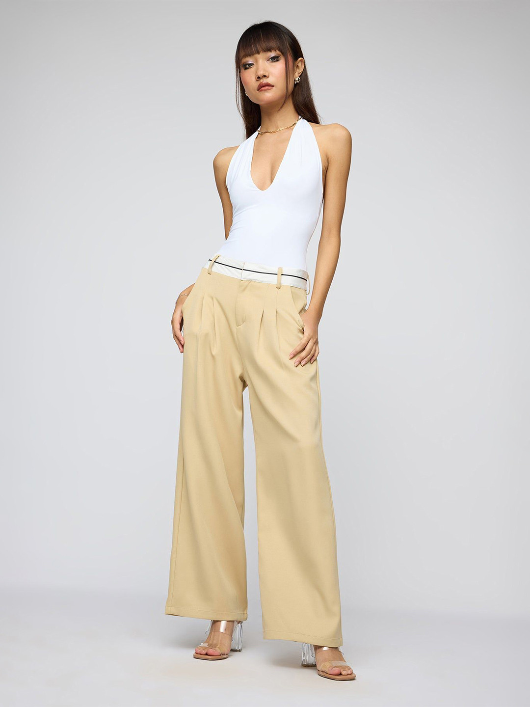 FREAKINS Pale Khaki Contrast Waist Korean Pants