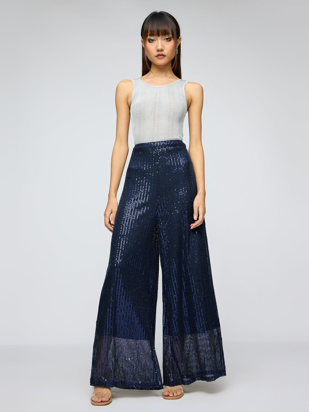 FREAKINS Moonlight Navy Sequin Flare Fit Korean Pants