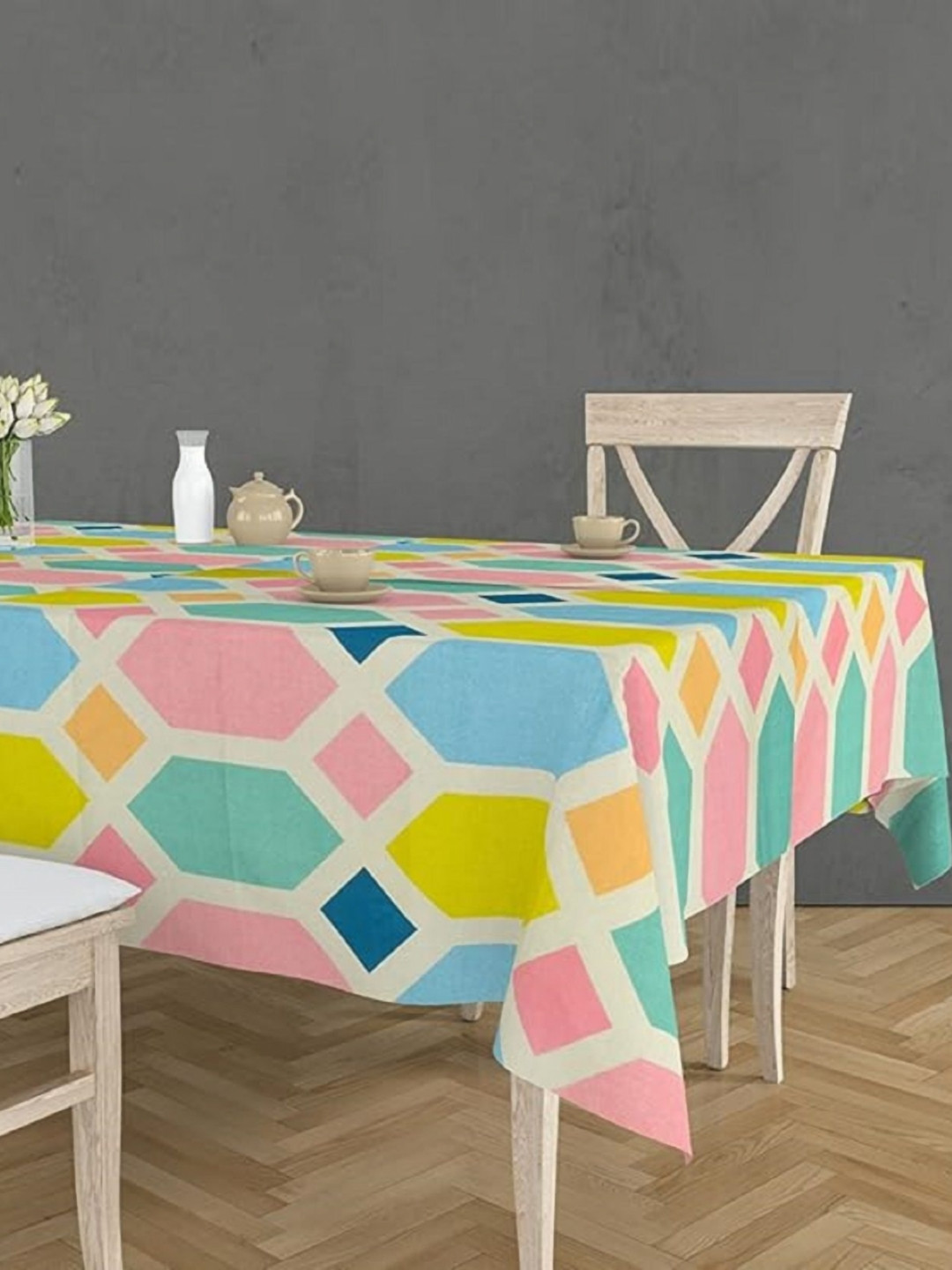 RRC Pink & Green 2 Pieces Geometric Printed Anti-Slip 4 Seater Table Covers