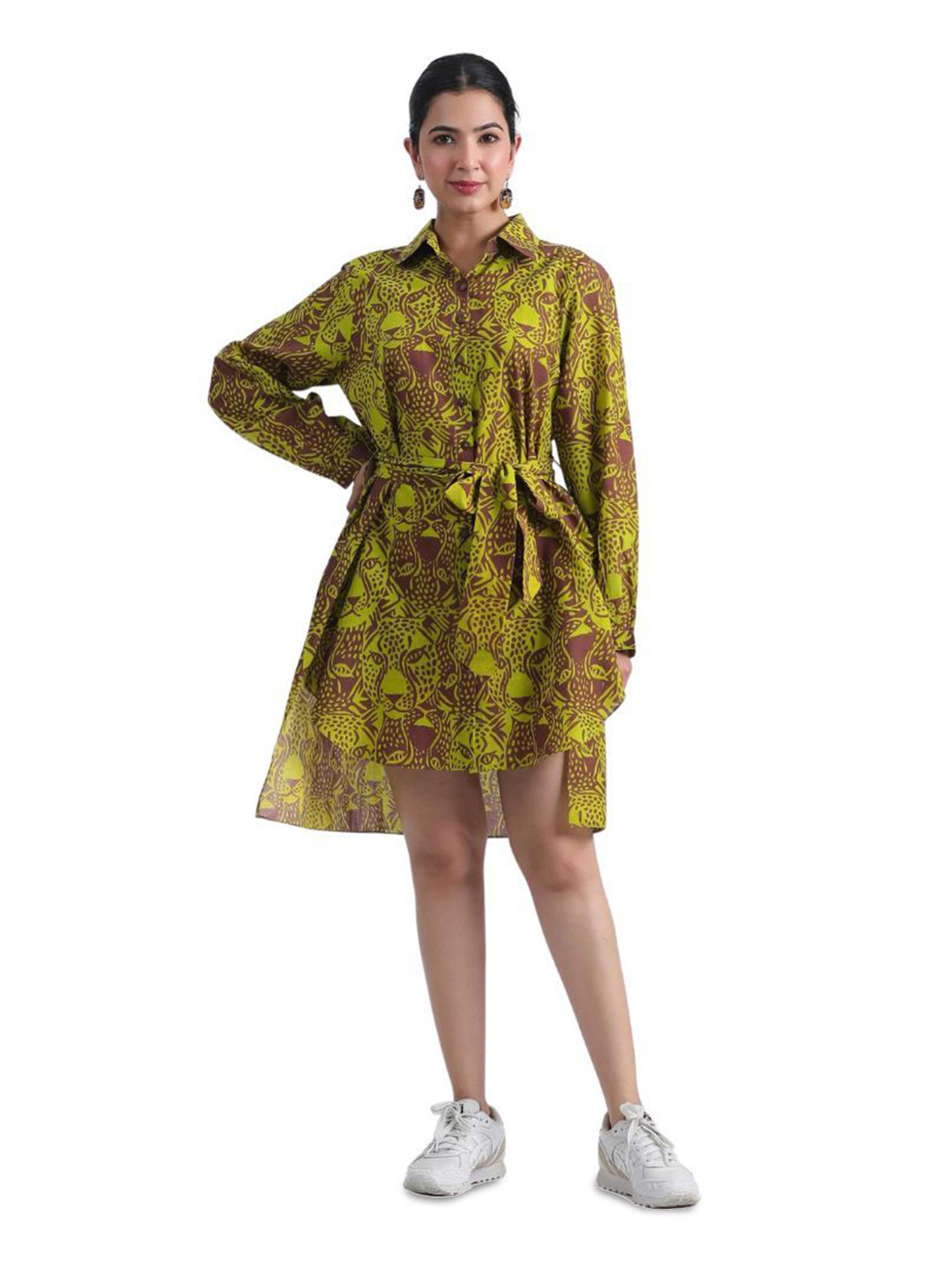 JAIPURRANG Women Tiger Printed Cotton Shirt Dress