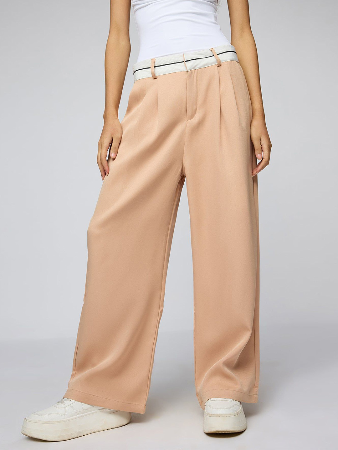 FREAKINS Muted Peach Contrast Waist Korean Pants