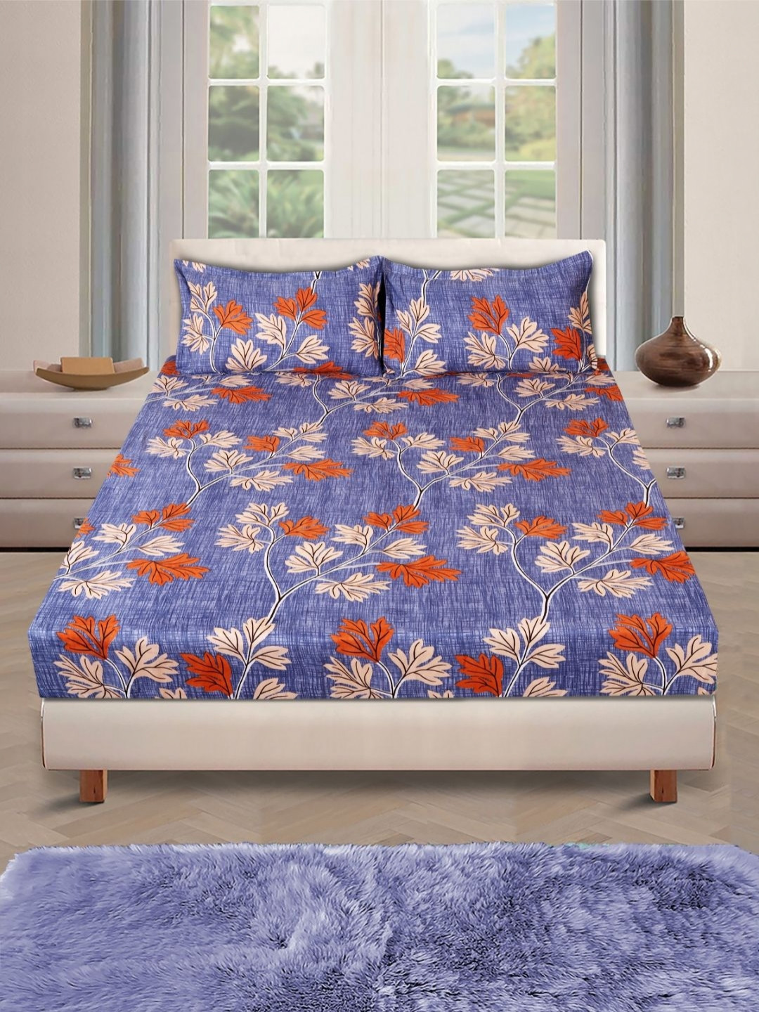 Myntra Elegant Homes Blue & Red Floral 160 TC Queen Bedsheet with 2 Pillow Covers