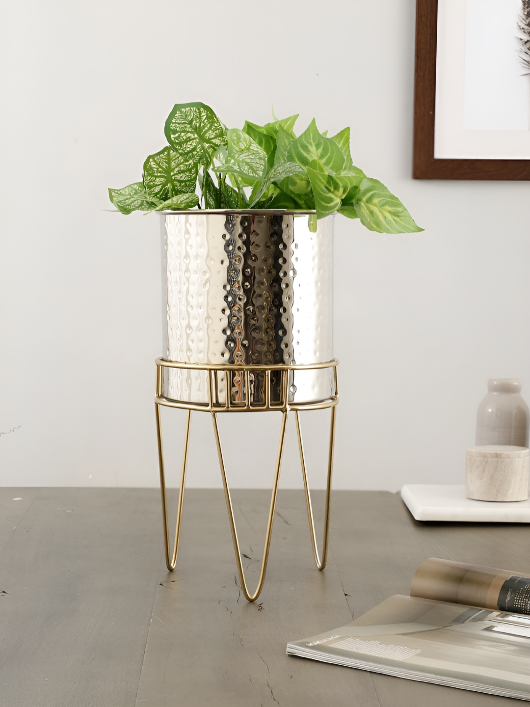 Maison Modern TriLeg Bloom Silver-Toned Textured Stainless Steel Planter & Arbor