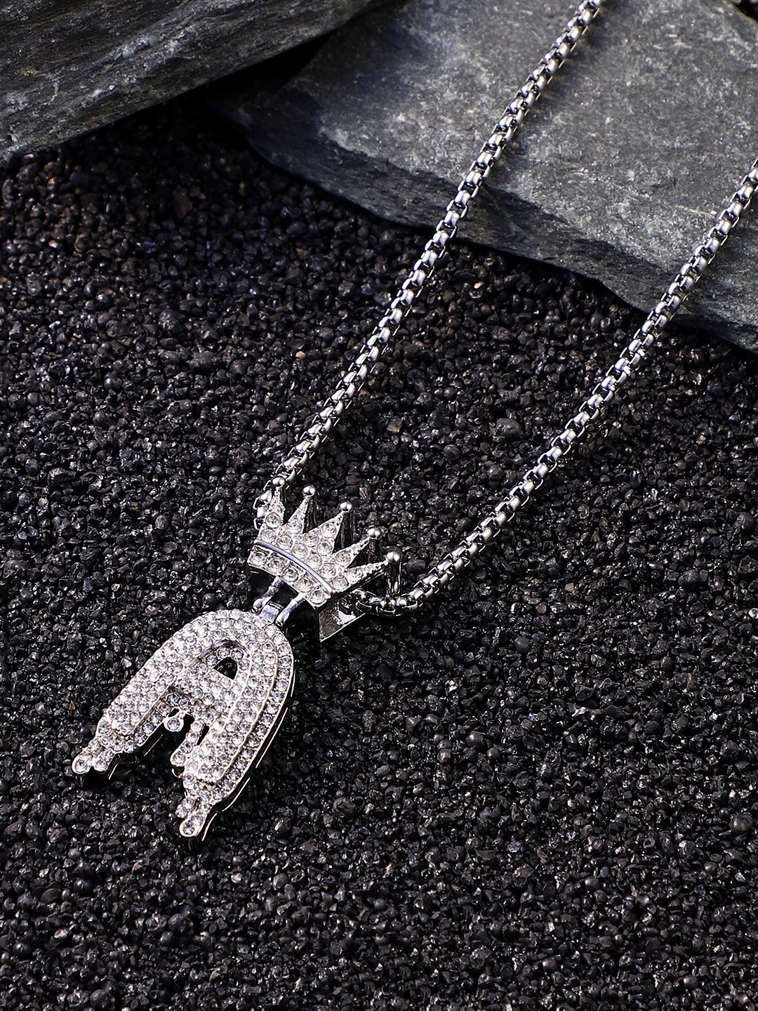 French Accent Men Silver-Plated Stone Studded Drip Alphabet A Pendant With Chain