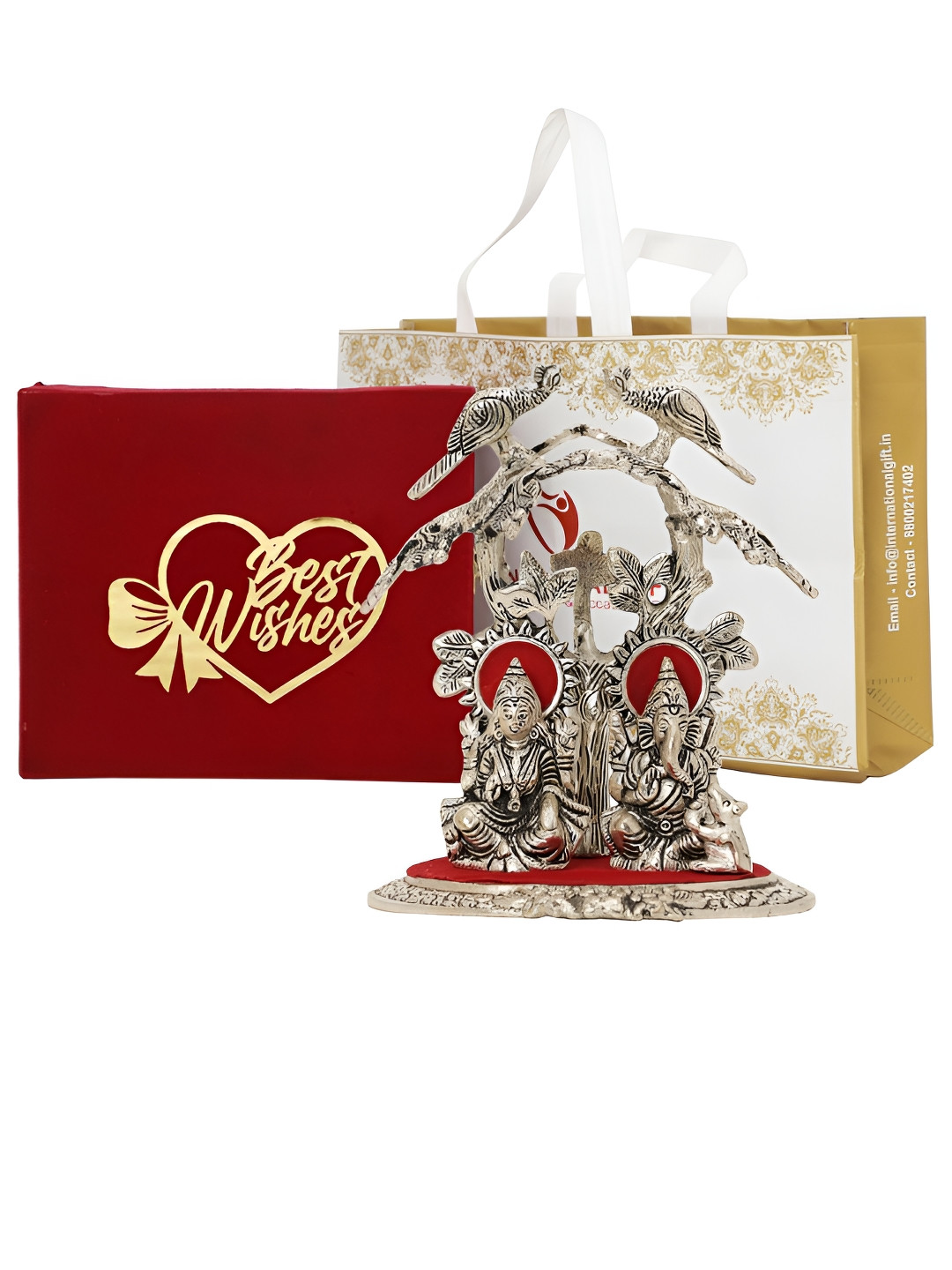 INTERNATIONAL GIFT Laxmi Ganesh Tree Silver Metal Metallic Home Office Medium Showpiece - 7.9 Inches