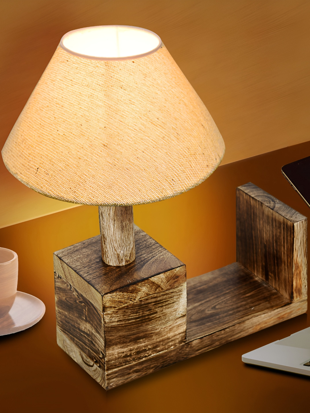 Homesake Brown & Off White Frustum Wodden Rustic Book Shelf Table Lamp with Bulb