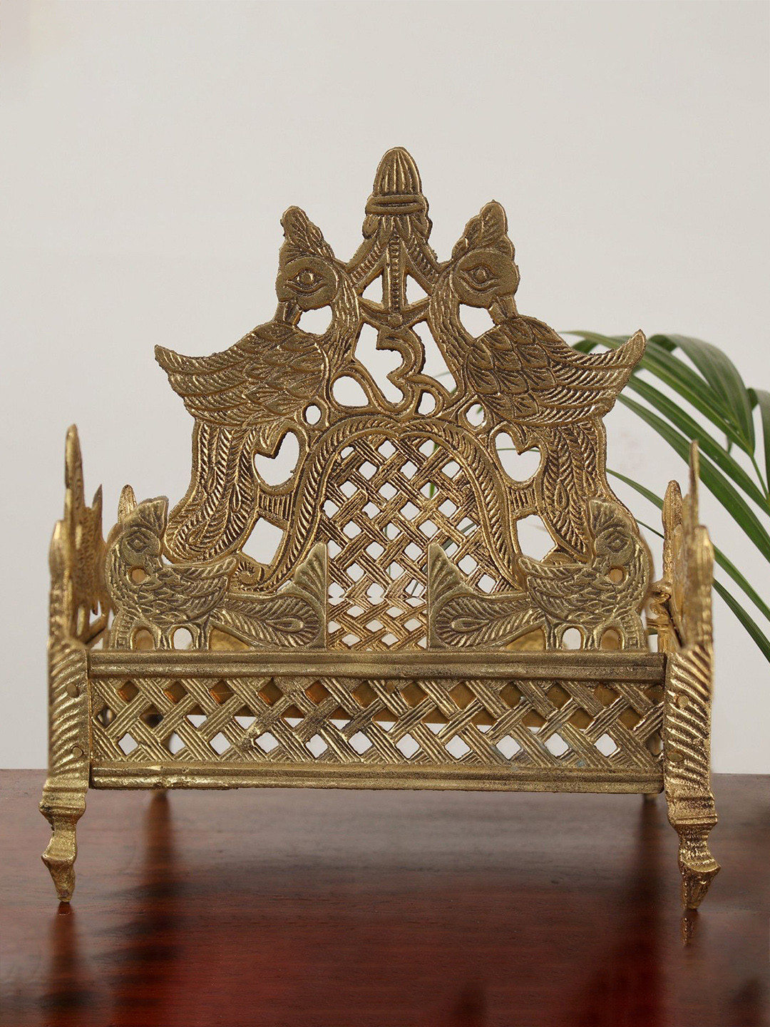 Exotic India The Majestic Peacock Throne Gold Brass Metallic Prayer Room Small Showpiece - 6 Inches