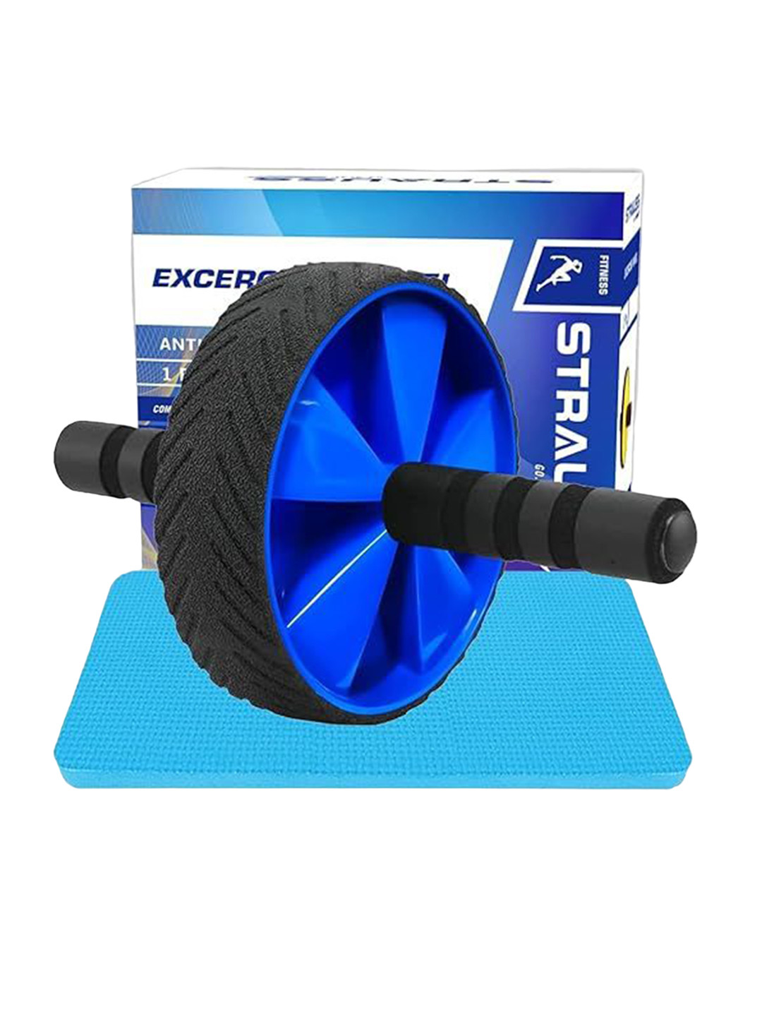 STRAUSS Blue & Black Fitness Roller Wheel Equipment With Knee Mat