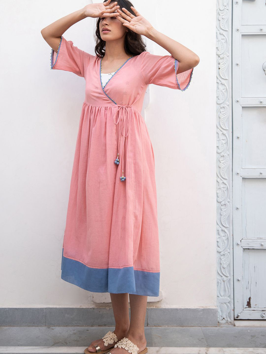 The Yellow Bow V-neck Cotton Wrap Midi Dress