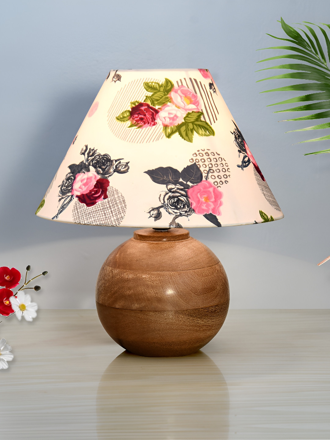 Homesake White & Brown Printed Frustum Wodden Round Wood Rustic Table Lamp with Bulb