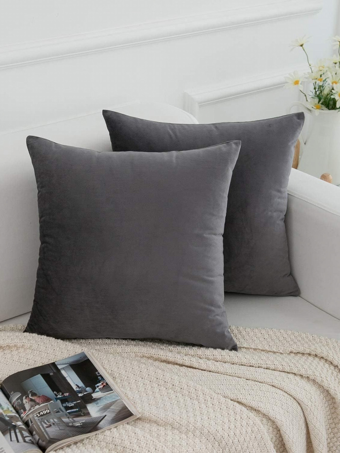 RRC Grey Velvet Durable 2 Pcs Square Cushion Covers - 15.7 x 15.7 In