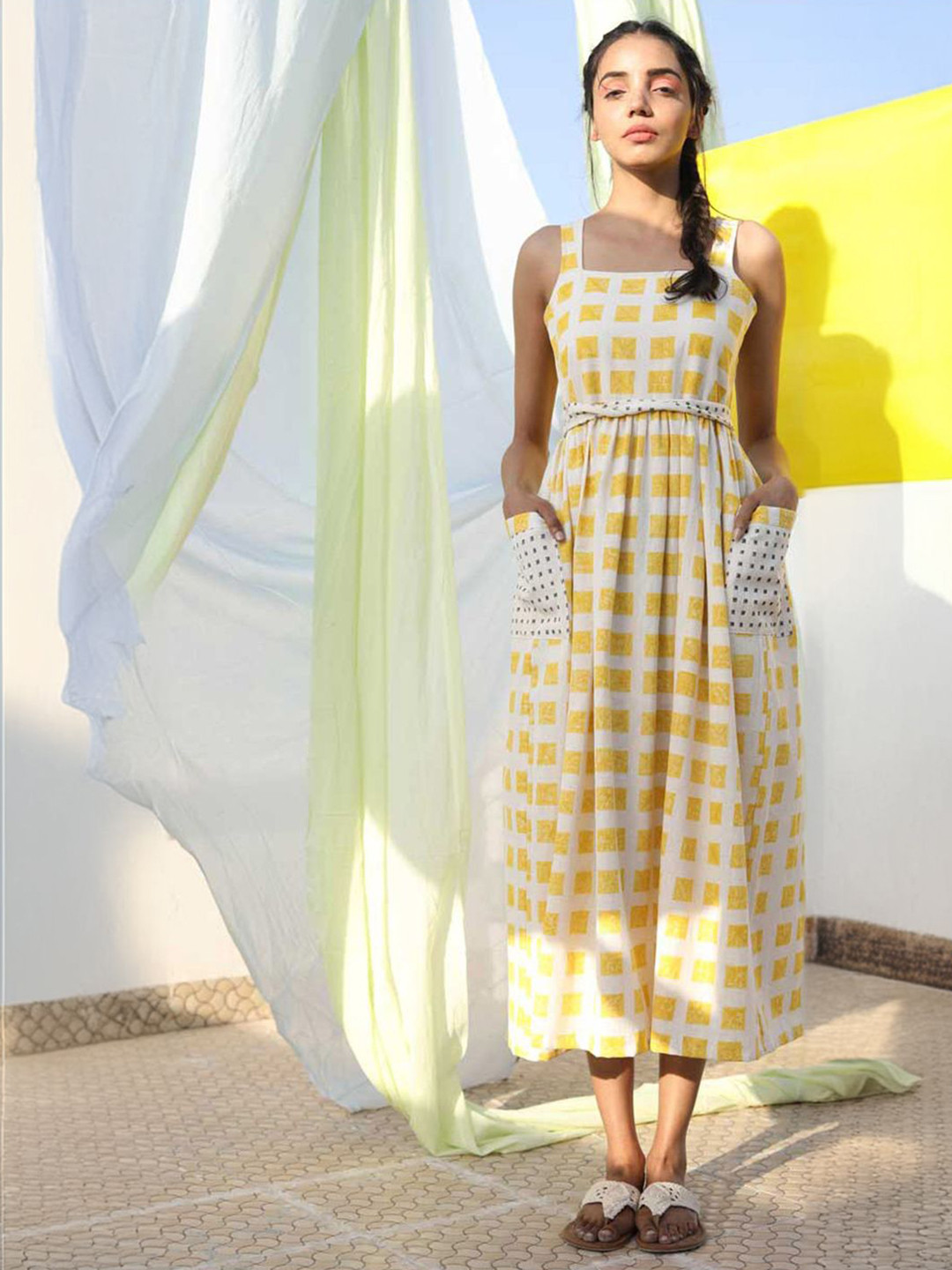 The Yellow Bow Checked Cotton Fit & Flare Midi Dress