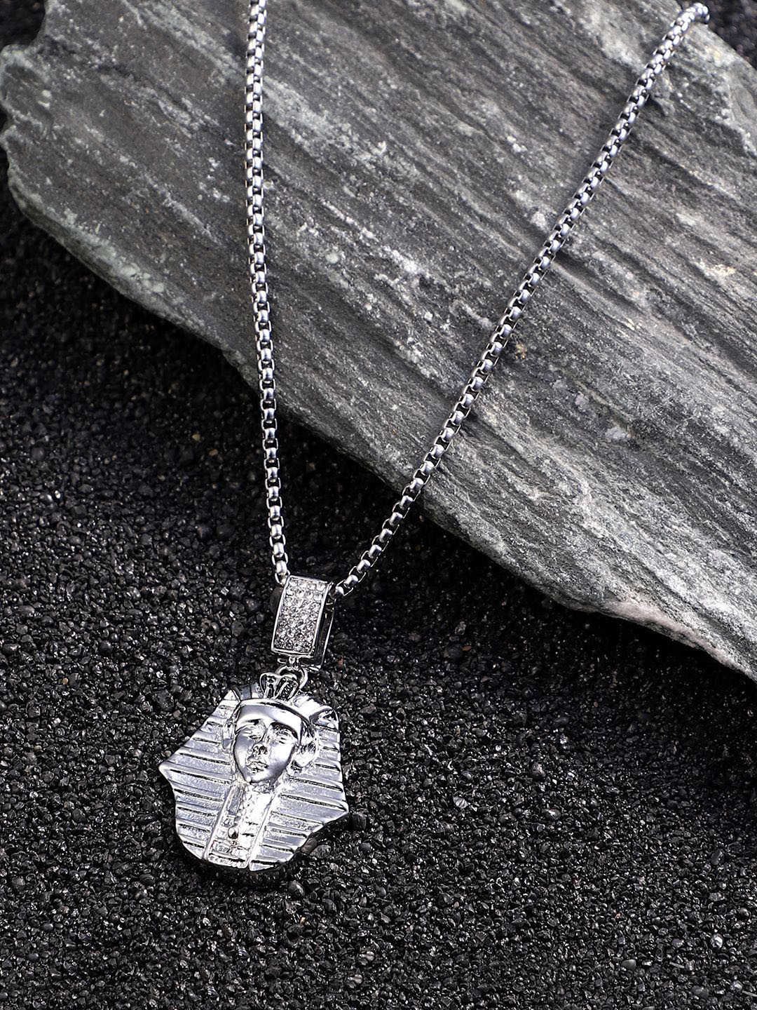 French Accent Men Silver-Plated Stone-Studded Cleopatra Pendant With Chain