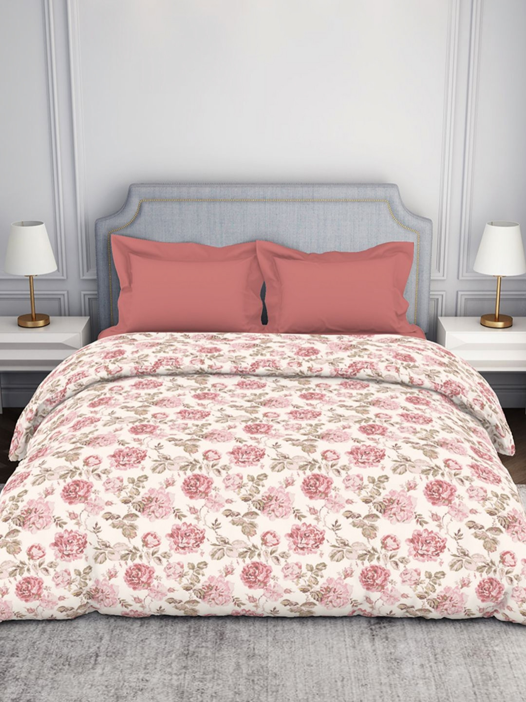 SPACES Pink & White Floral Printed 144 TC  Pure Cotton Double Bed Comforter
