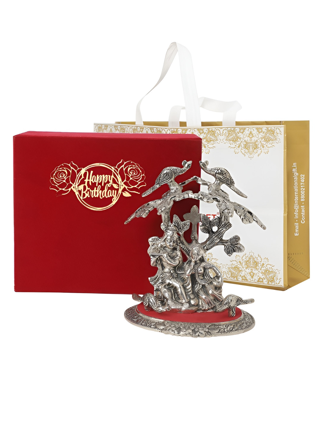 INTERNATIONAL GIFT Shree Radha Krishna Silver Metal Metallic Prayer Room Small Showpiece - 7.9 Inches