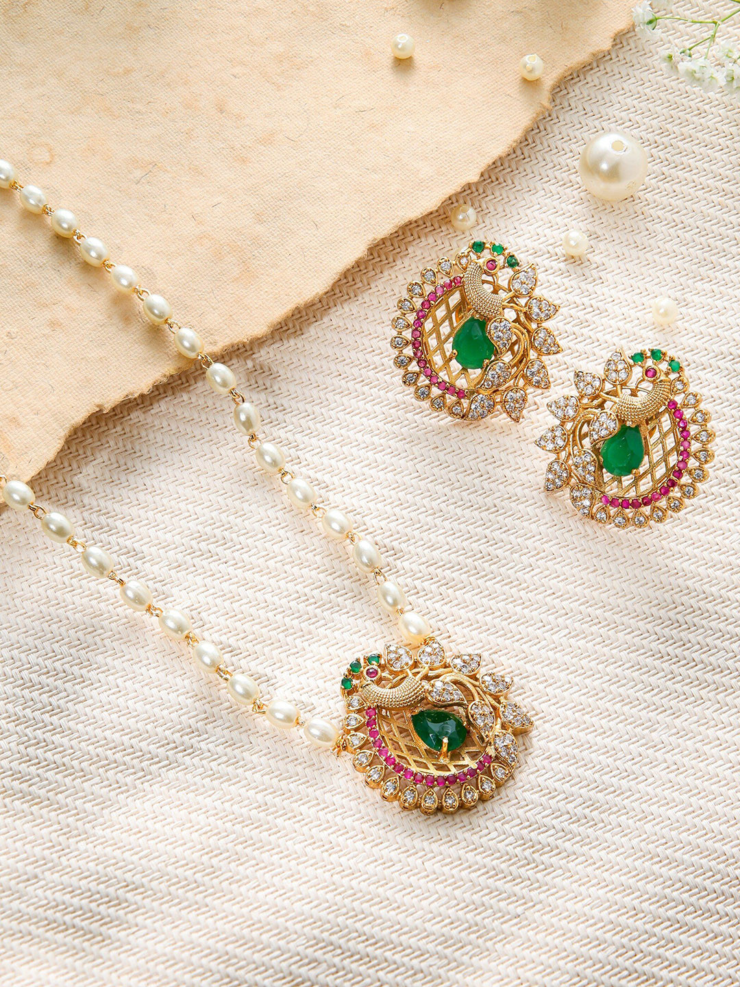 Vriksham Gold Plated Peacock Diamond Studded & Beaded Jewellery Set