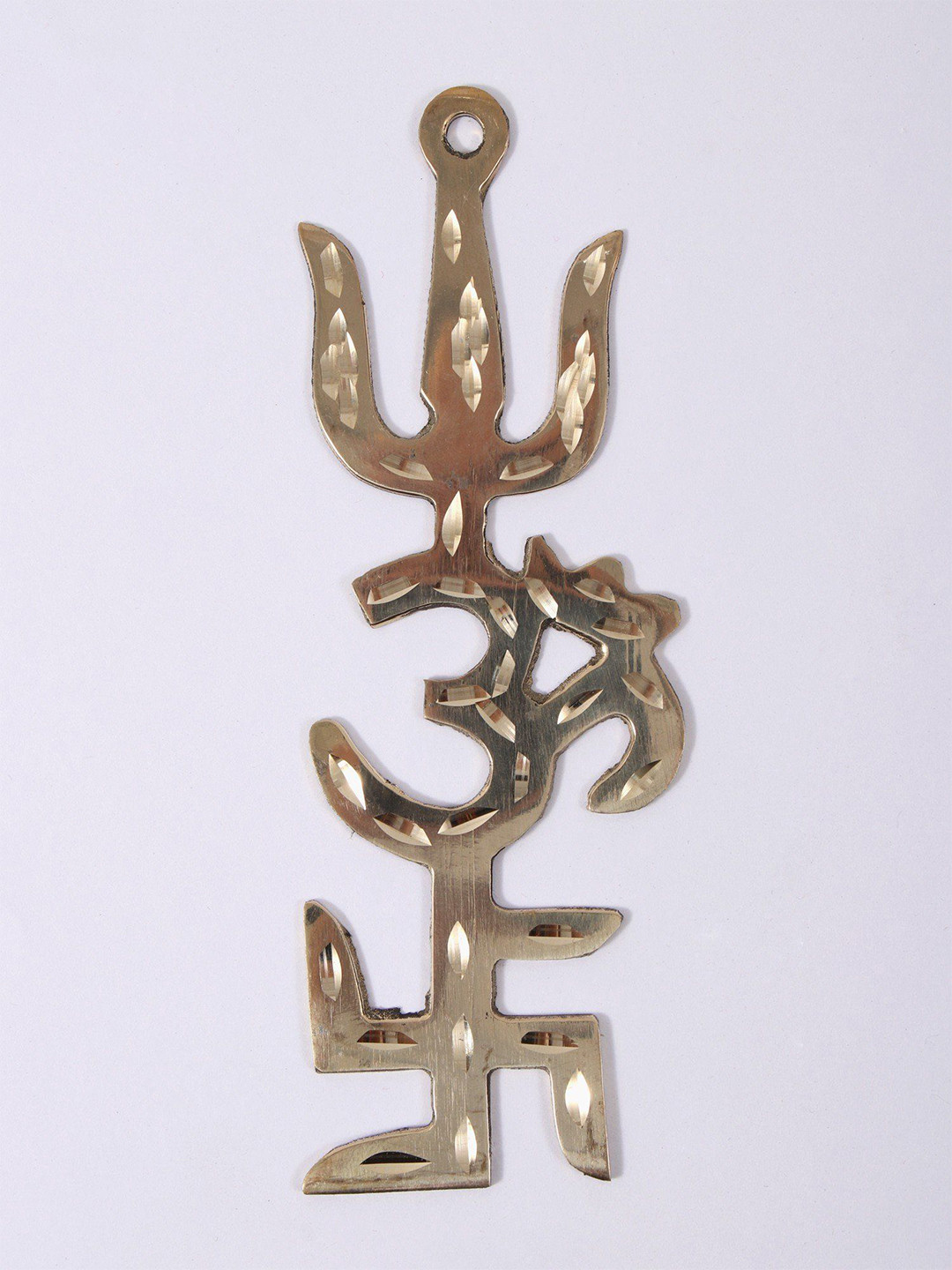 Exotic India Tri Shakti Pooja Yantra Yellow Brass Metallic Prayer Room Small Showpiece - 1.8 Inches