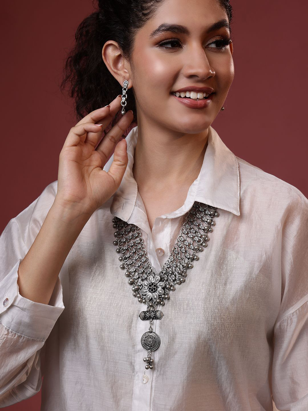 PANASH Oxidized Silver-Plated Floral Necklace Set with Pendant & Matching Earrings