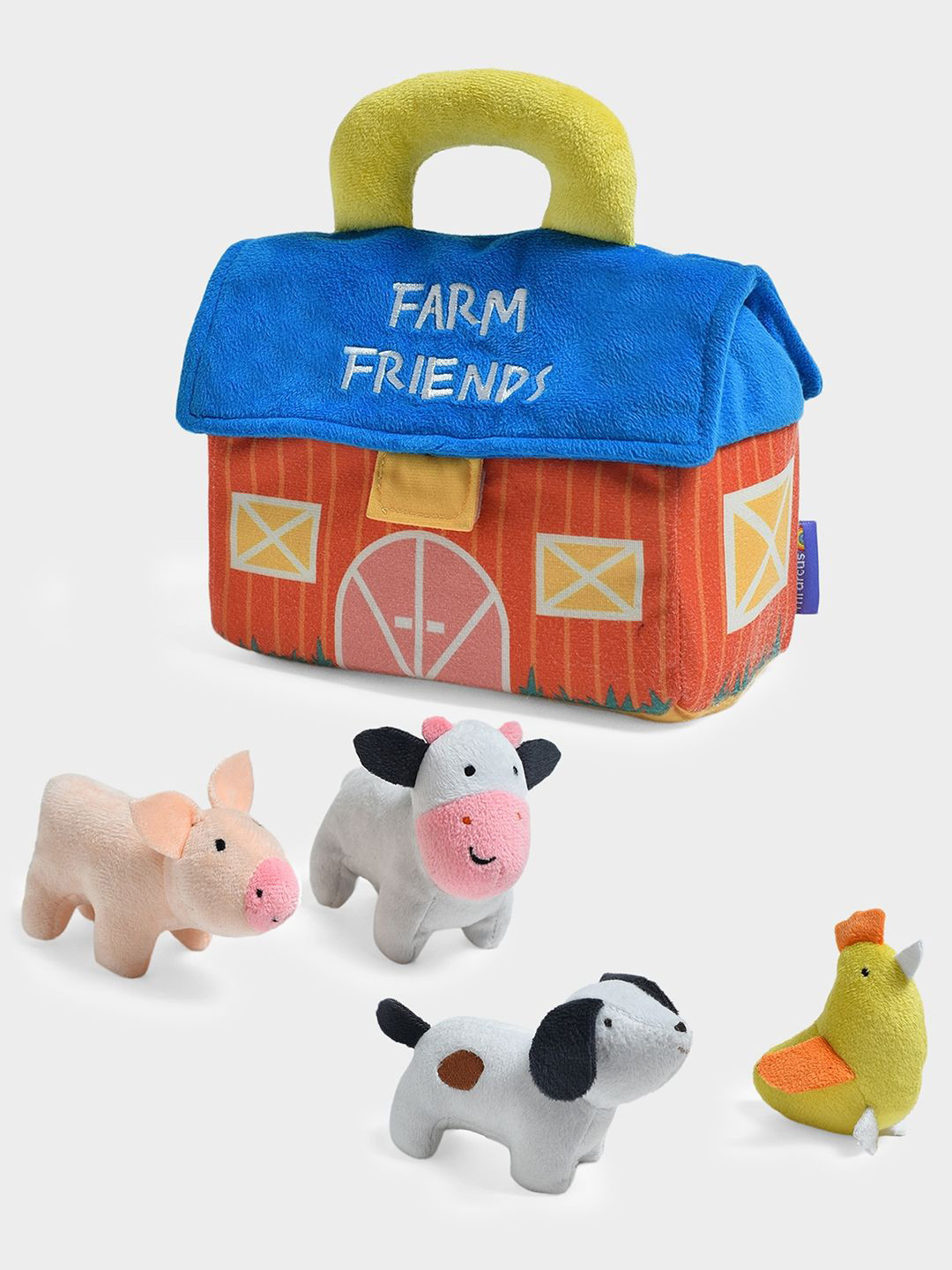 MiArcus Farm Animal Pig Cow Dog & Hen Soft Plush Toy With A Hut Set Pack Of 4 Multicolor