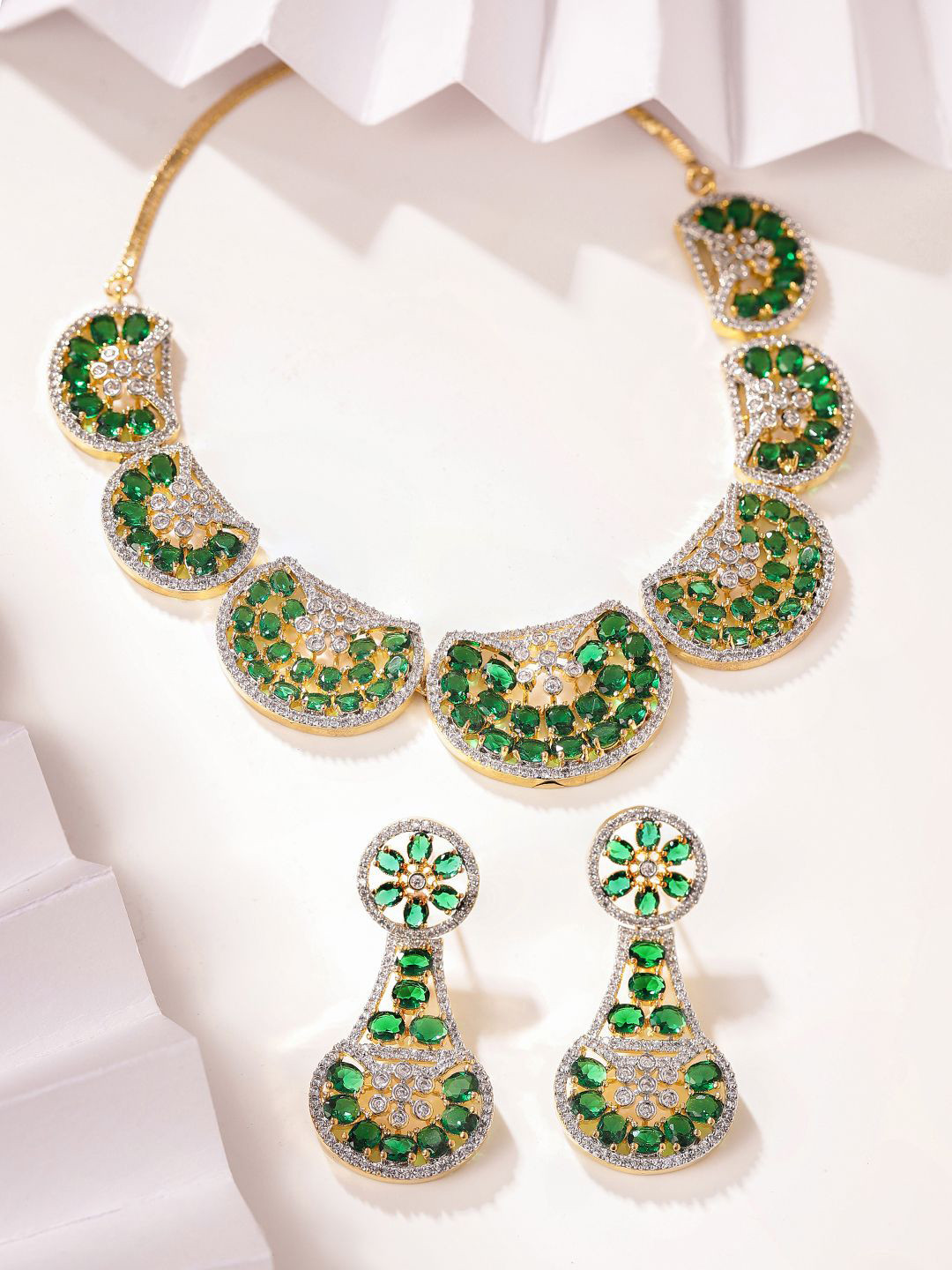 Priyaasi Gold-Plated Emerald Chand Design American Diamond Studded Jewellery Set