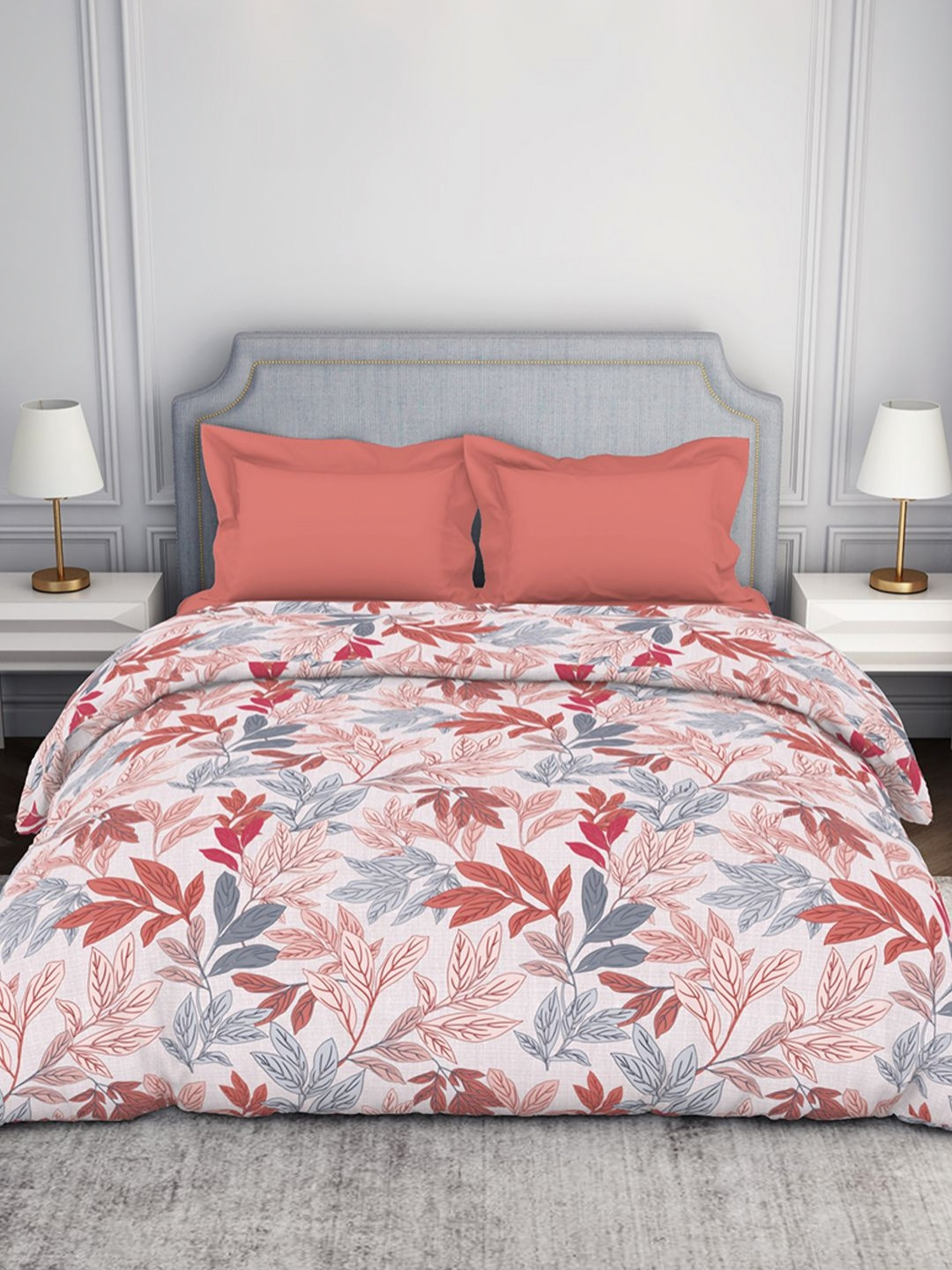 SPACES Pink & Grey Floral Printed 144 TC  Pure Cotton Double Bed Comforter