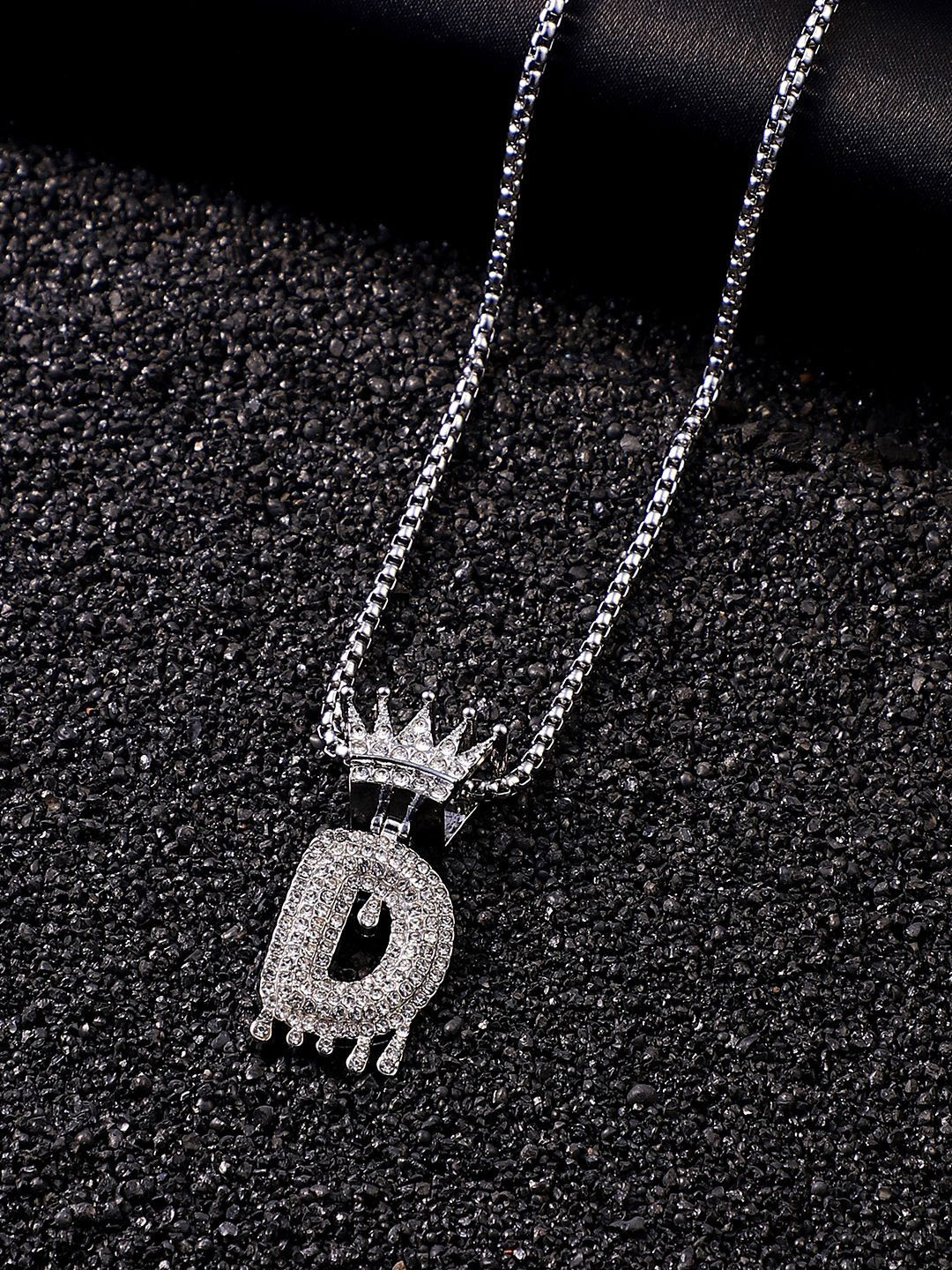 French Accent Men Silver-Plated Stone Studded Drip Alphabet-D Pendants With Chain